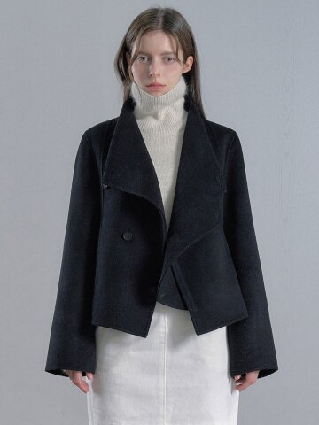 캐시미어 사선 하이넥 핸드메이드 하프 코트 - 블랙/카멜
