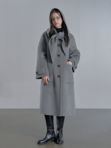 캐시미어 울 블렌디드 투웨이 후드 핸드메이드 코트 - 그레이/블랙
