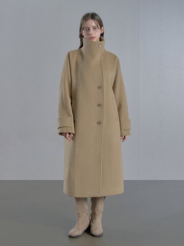 캐시미어 하이넥 롱 코트 - 브라운/크림