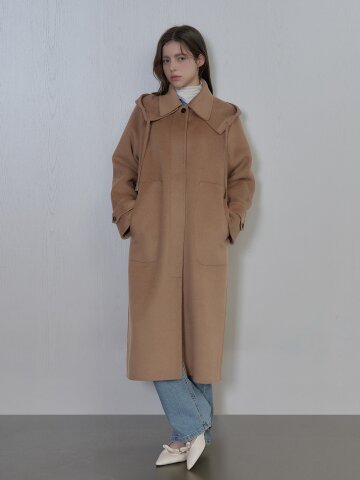 캐시미어 후드탈착 싱글버튼 핸드메이드 롱 코트 - 브라운/크림
