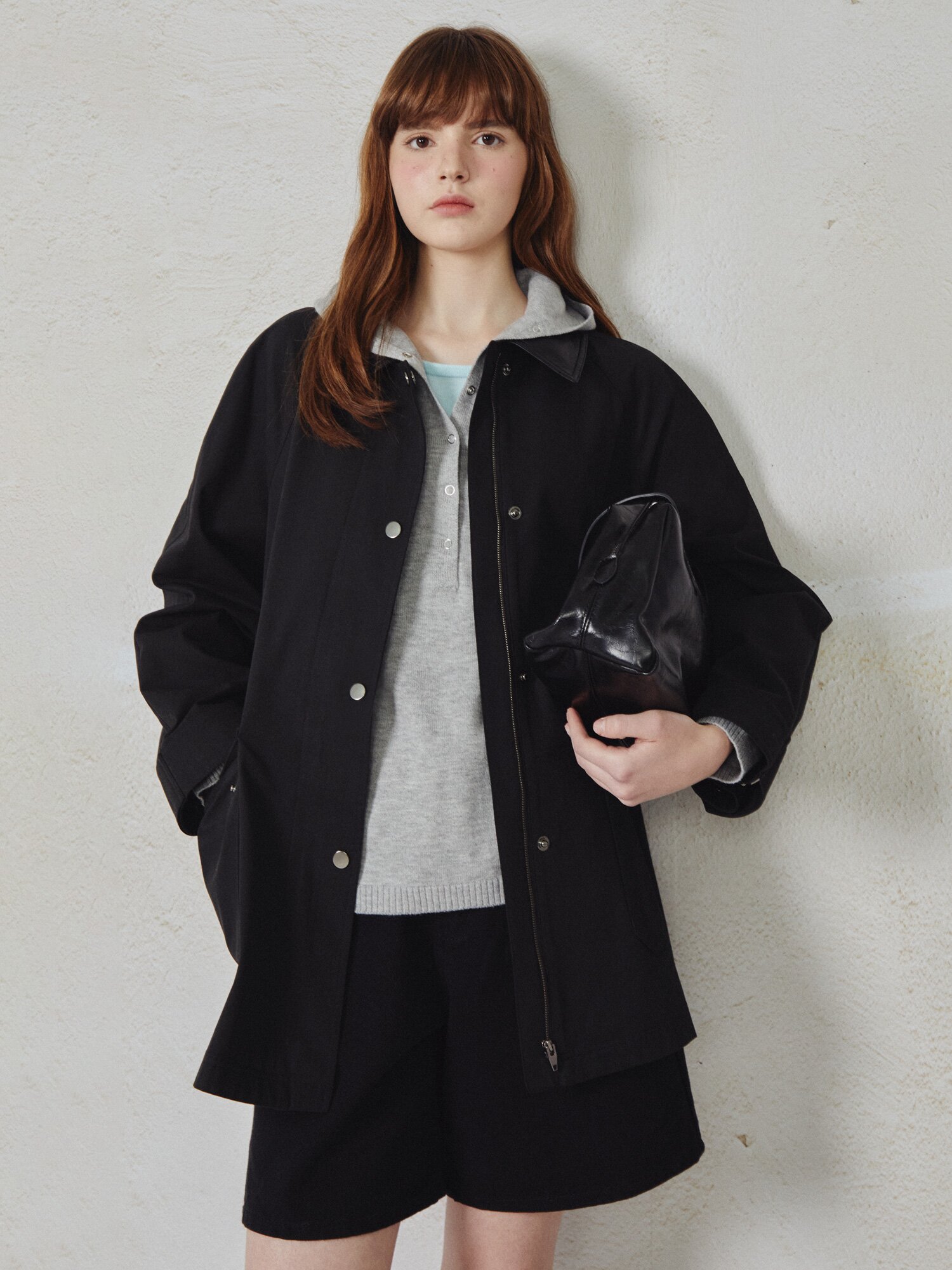 래글런 포켓 배색 칼라 점퍼 (BLACK)