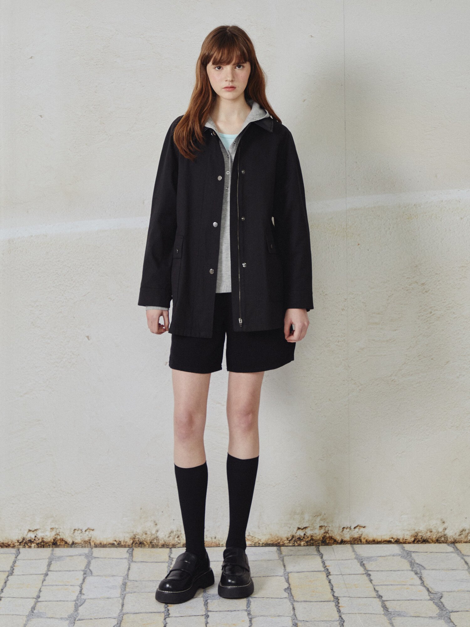 래글런 포켓 배색 칼라 점퍼 (BLACK)