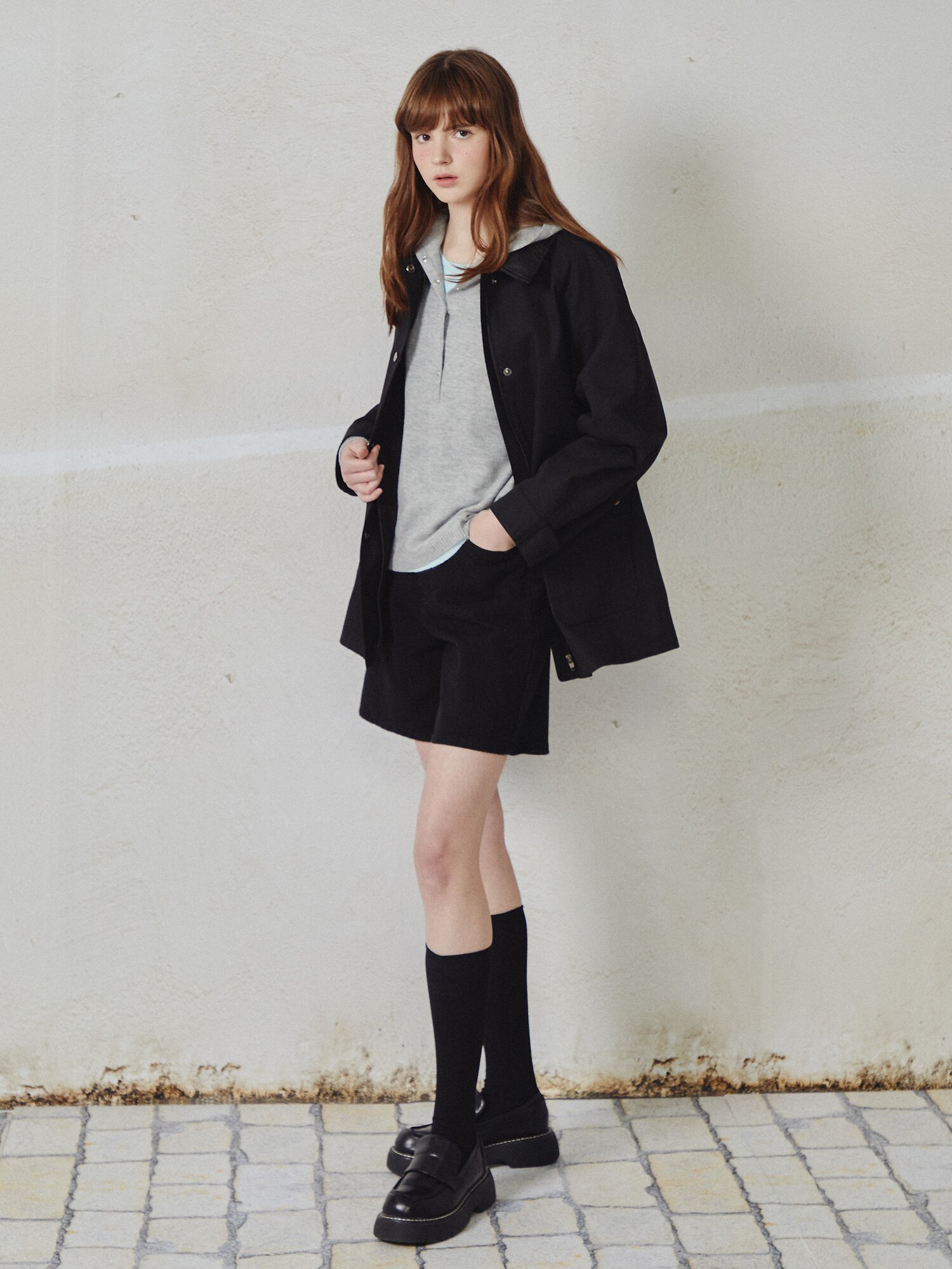 래글런 포켓 배색 칼라 점퍼 (BLACK)