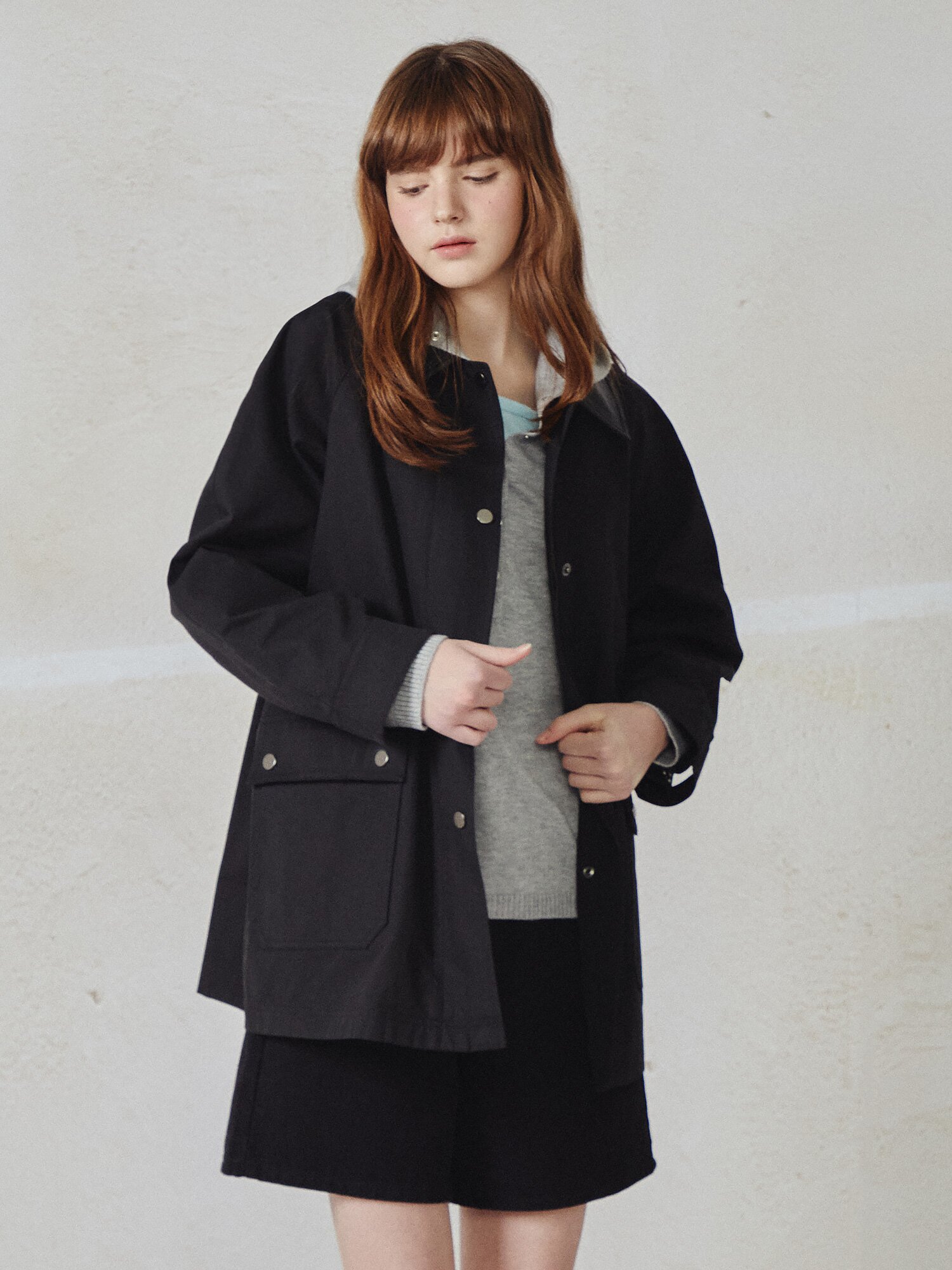 래글런 포켓 배색 칼라 점퍼 (BLACK)