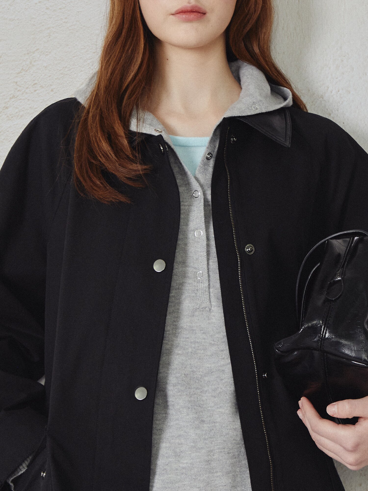 래글런 포켓 배색 칼라 점퍼 (BLACK)