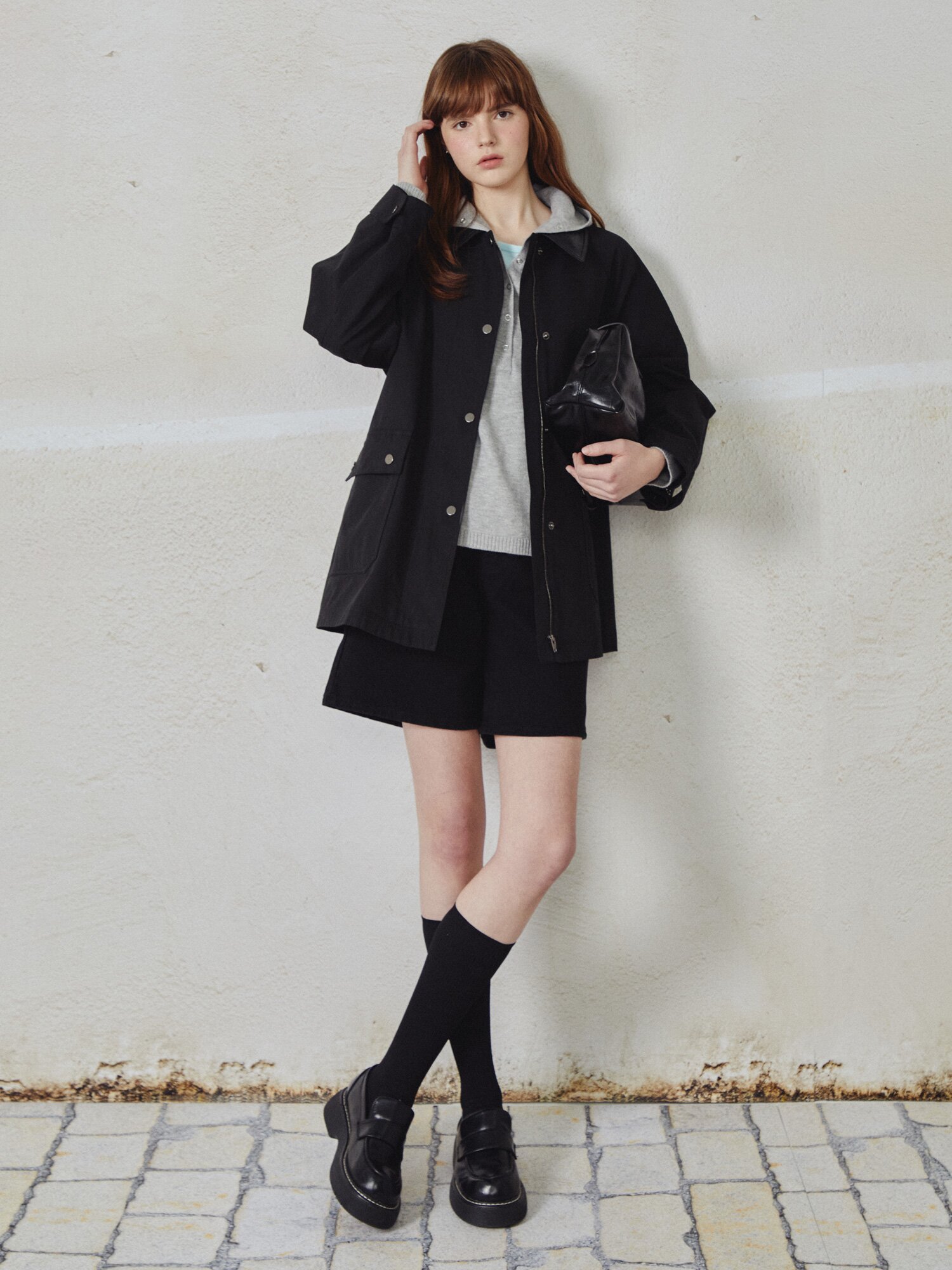 래글런 포켓 배색 칼라 점퍼 (BLACK)