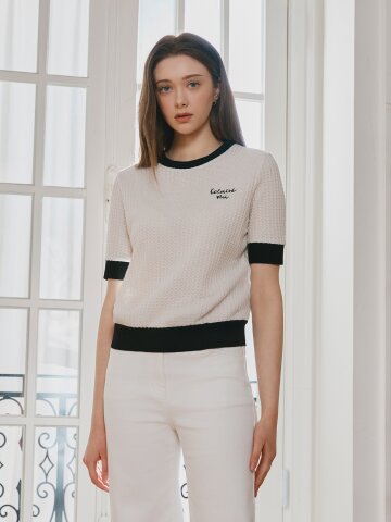 배색 레터링 와플 텍스쳐 티셔츠 