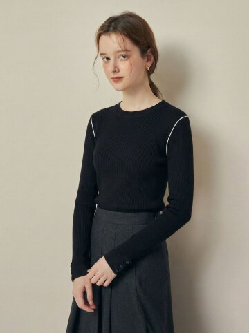 파이핑 라인 턴업 풀오버 니트 