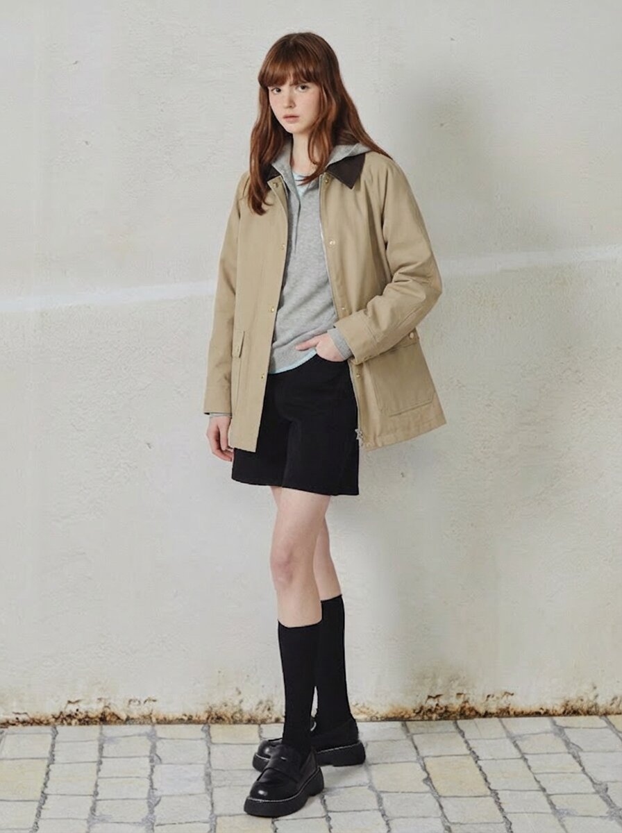 래글런 포켓 배색 칼라 점퍼 (BEIGE)