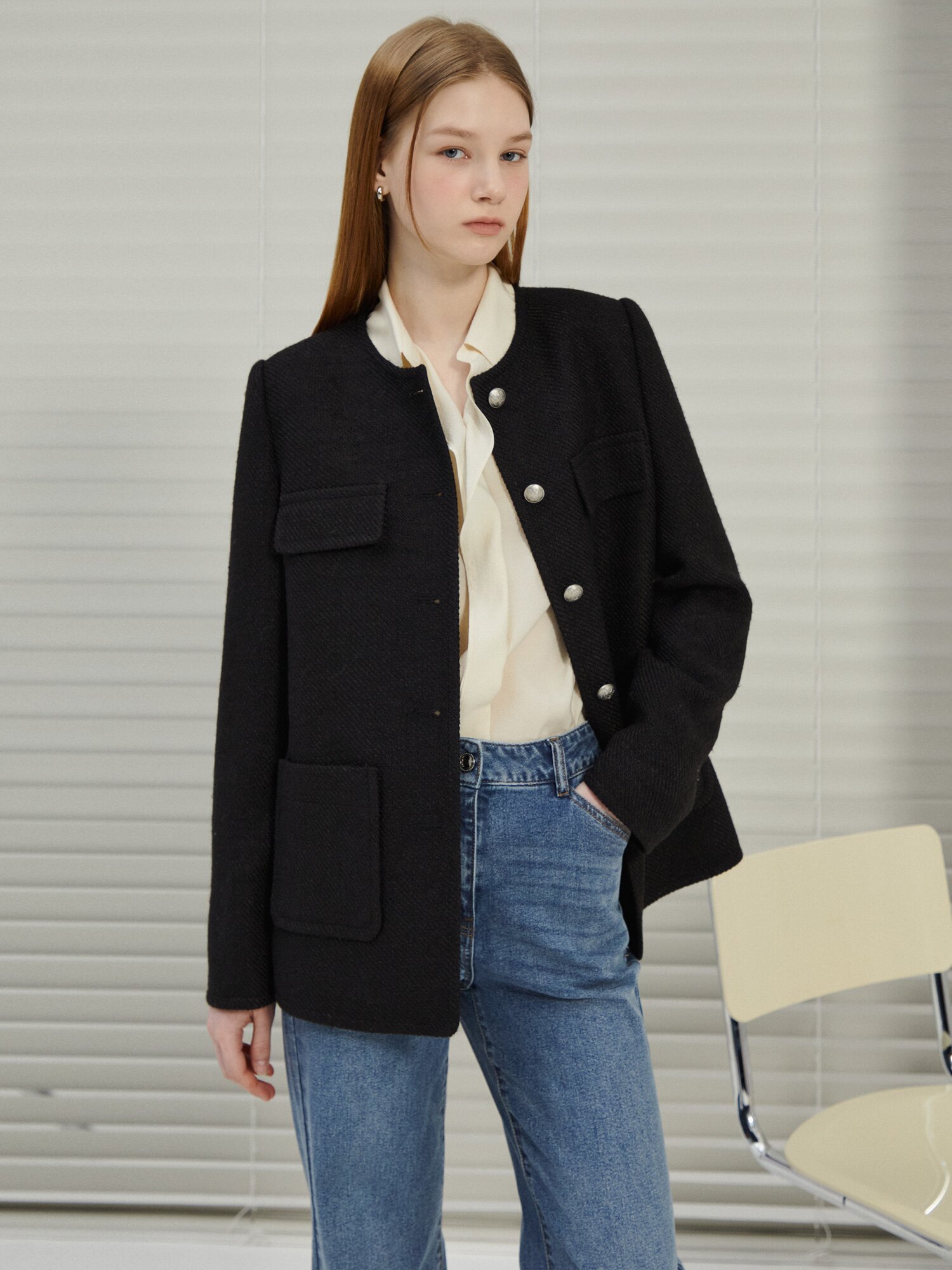 러플 오픈 칼라 블라우스 (CREAM)