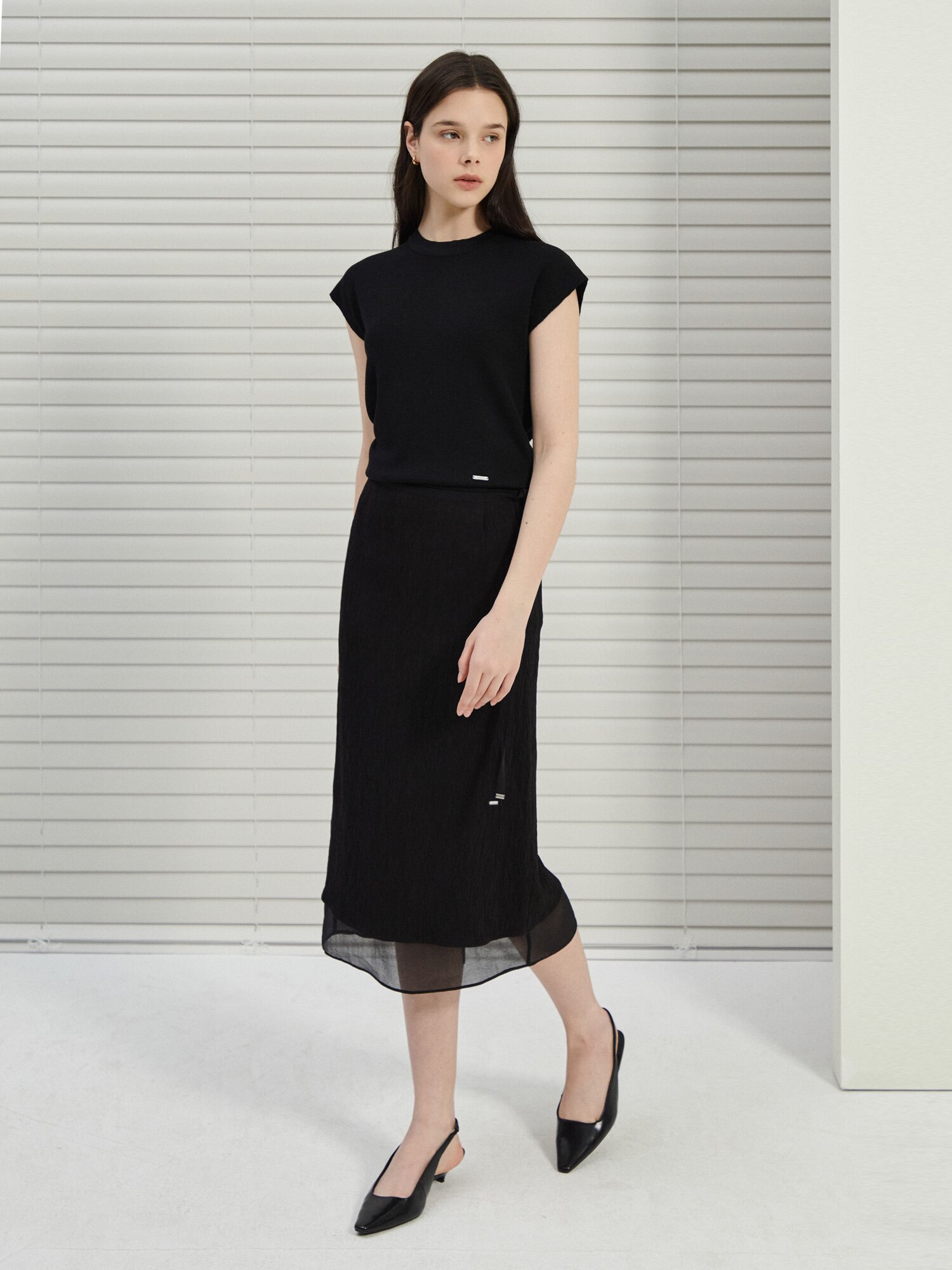 링클 시스루 헴 H라인 스커트 (BLACK)