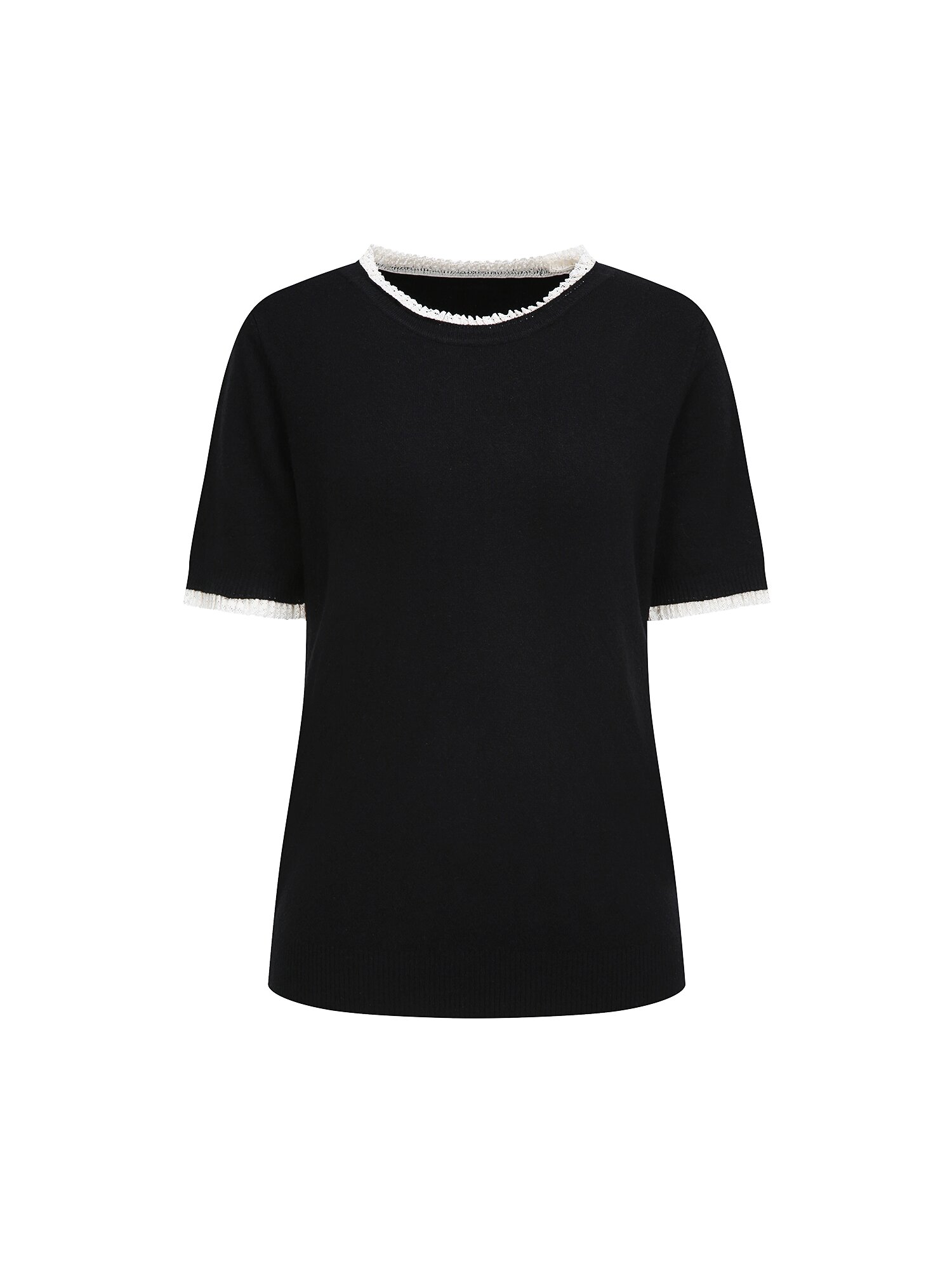 레이스 배색 라운드넥 풀오버 니트  (BLACK)