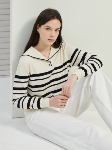 배색 세일러 칼라 풀오버 니트 