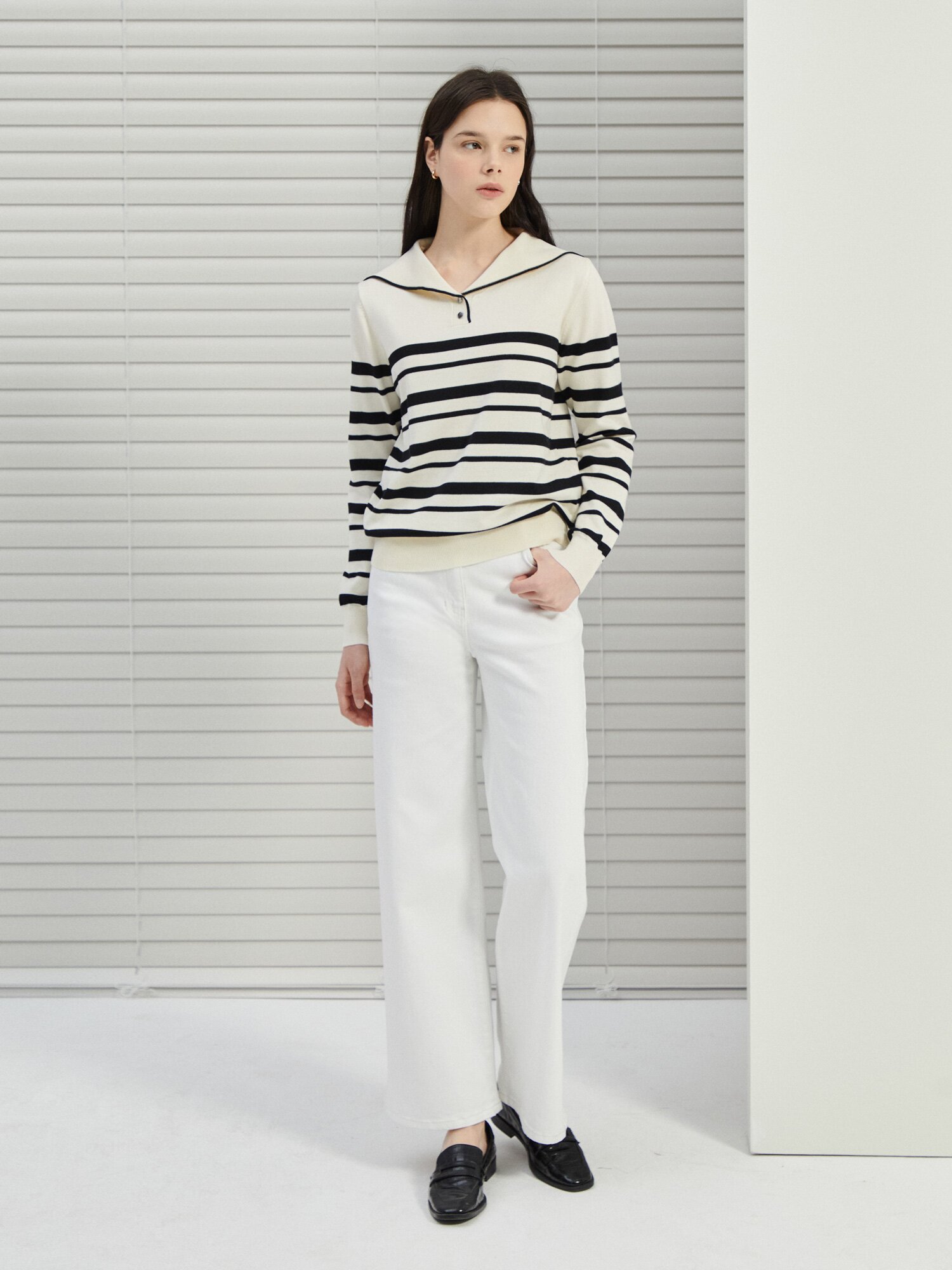 배색 세일러 칼라 풀오버 니트 (STRIPE BEIGE)