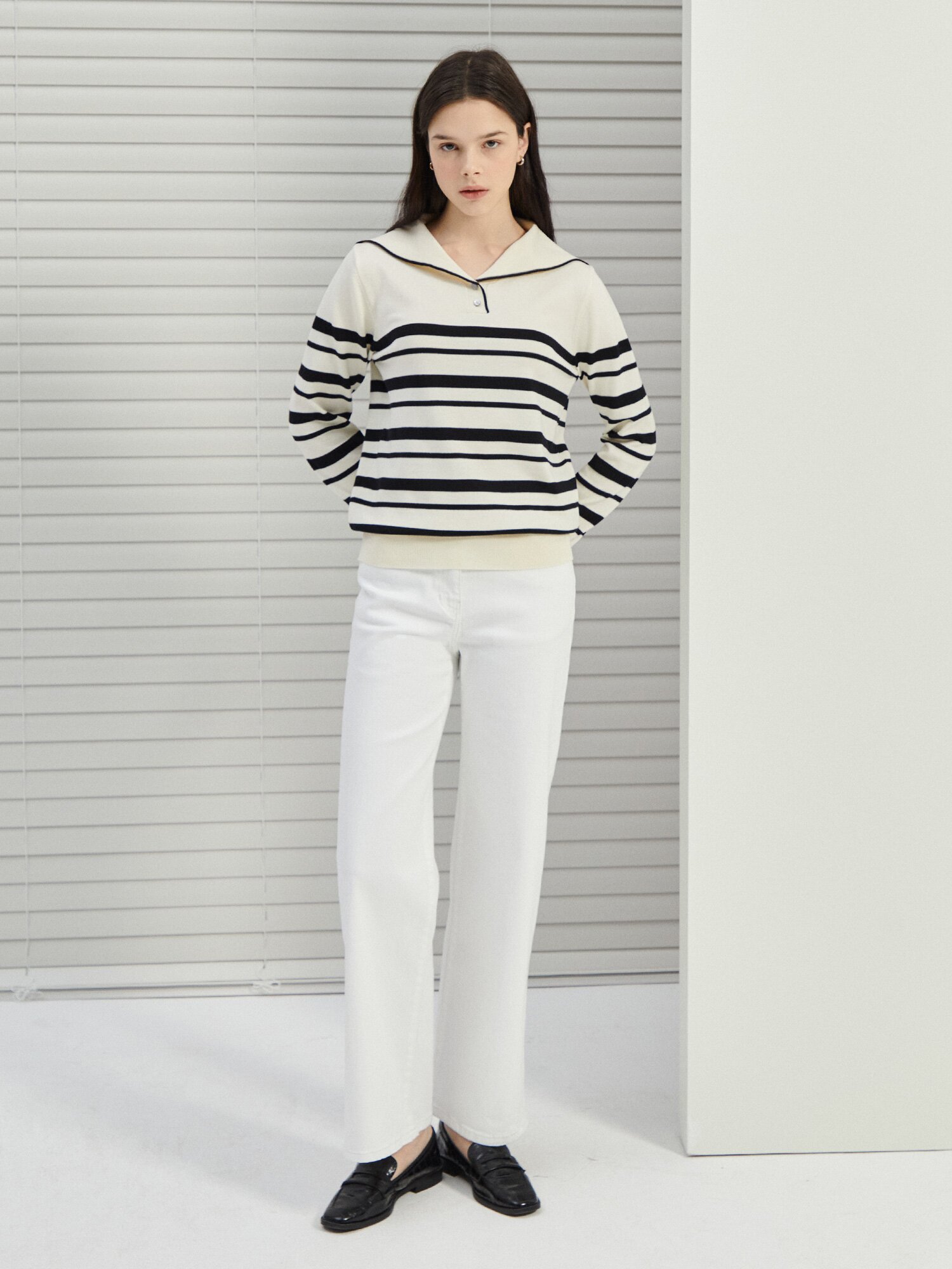 배색 세일러 칼라 풀오버 니트 (STRIPE BEIGE)