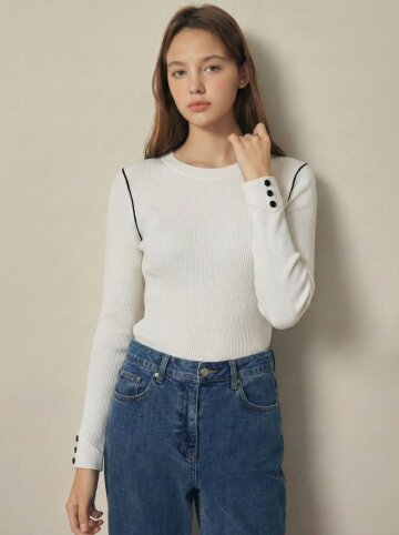 파이핑 라인 턴업 풀오버 니트 