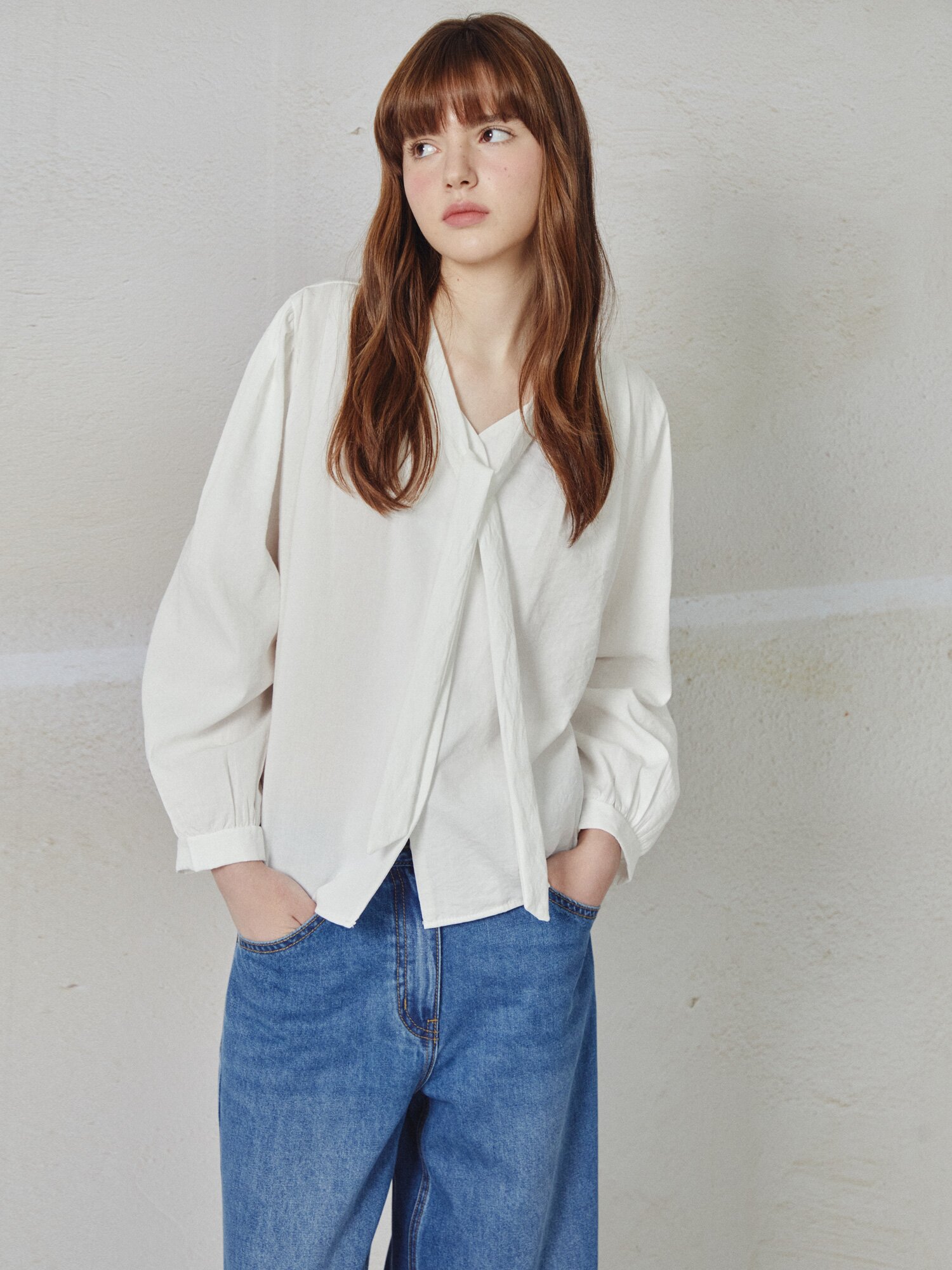 체크 셔츠 칼라 셋업 블라우스 (IVORY)