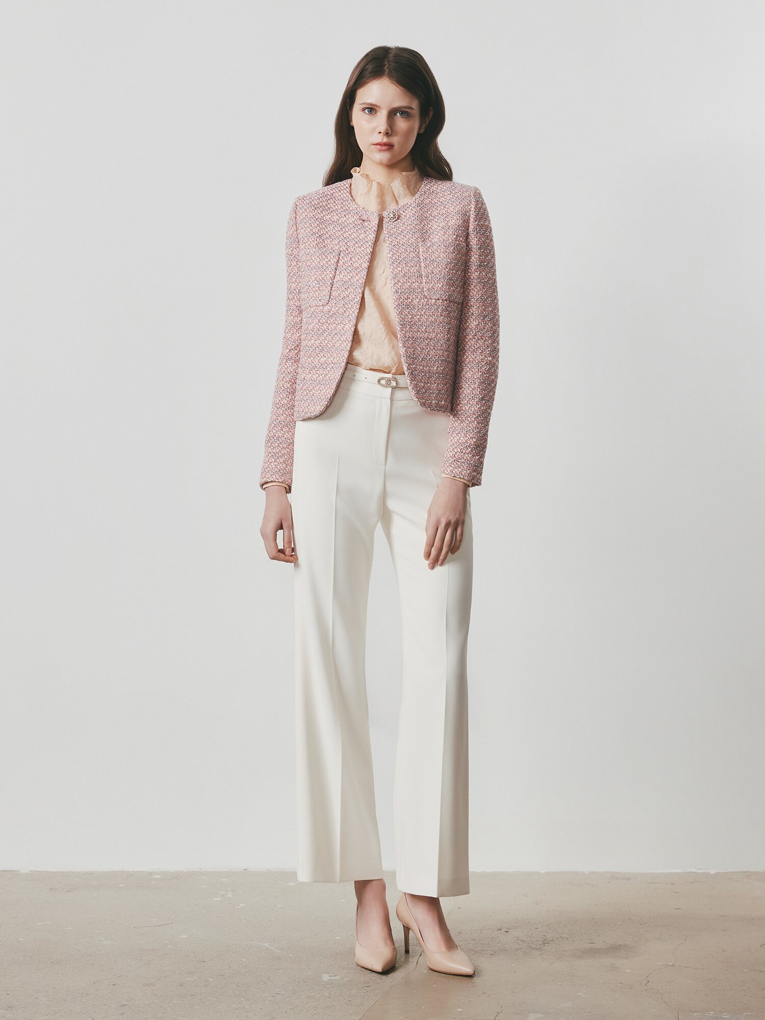 글리터 트위드 원버튼 크롭 재킷 (LIGHT PINK)