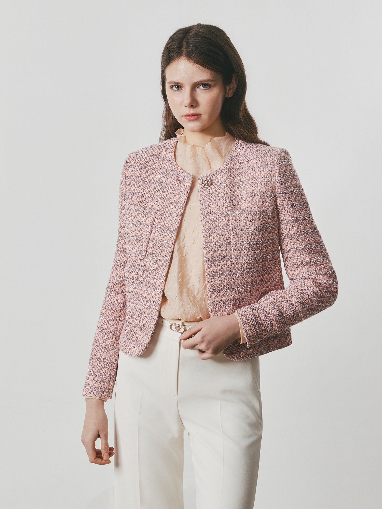 글리터 트위드 원버튼 크롭 재킷 (LIGHT PINK)