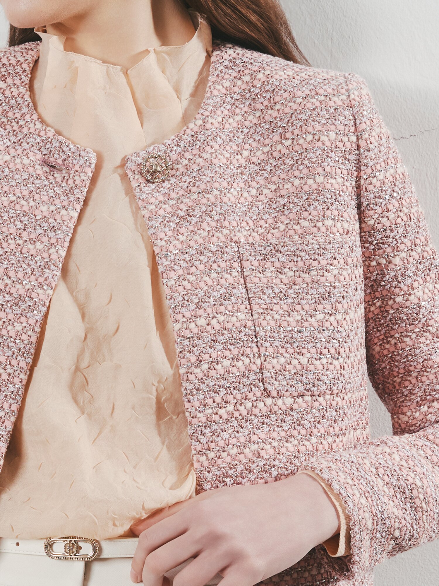 글리터 트위드 원버튼 크롭 재킷 (LIGHT PINK)