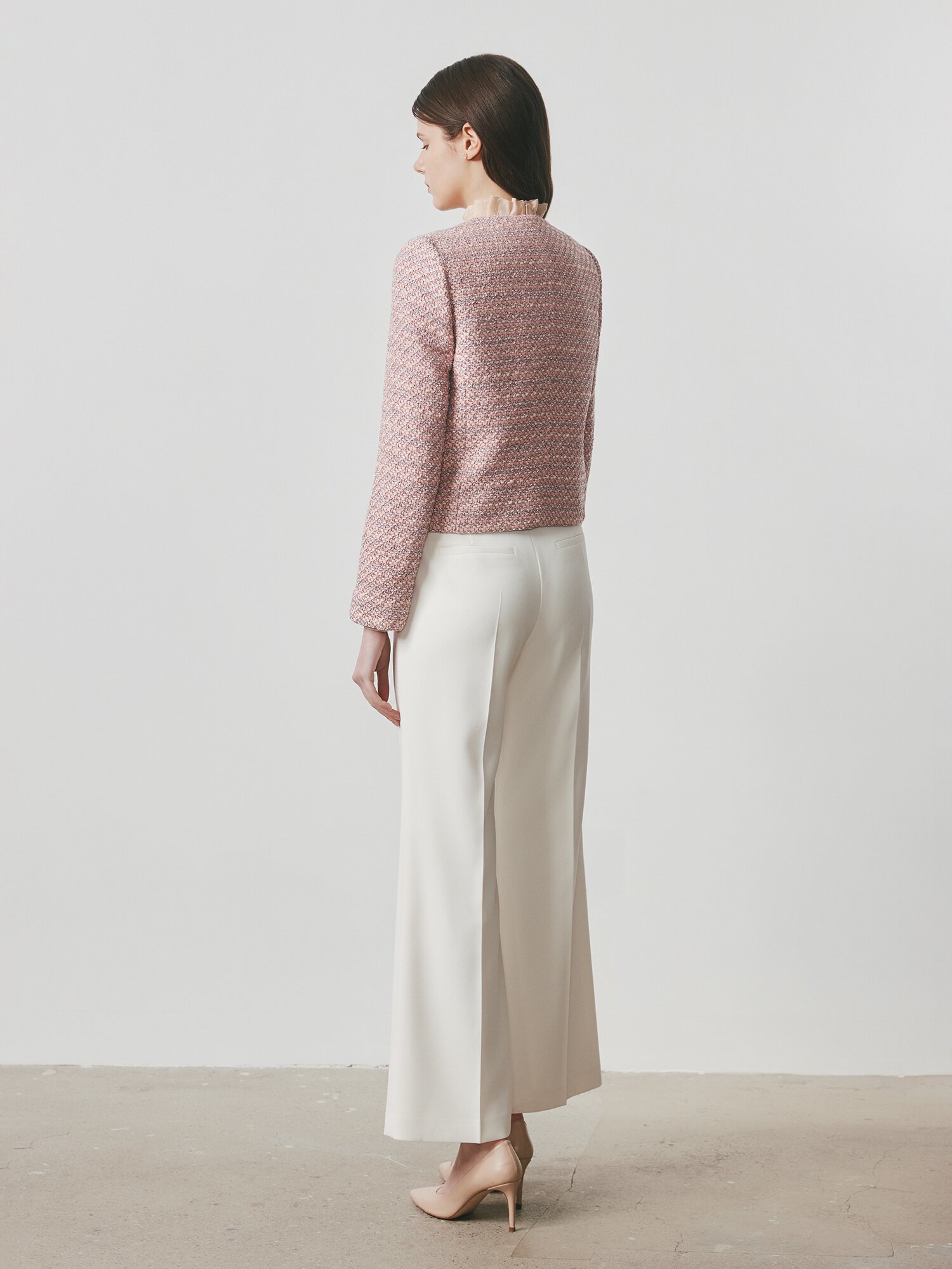 글리터 트위드 원버튼 크롭 재킷 (LIGHT PINK)