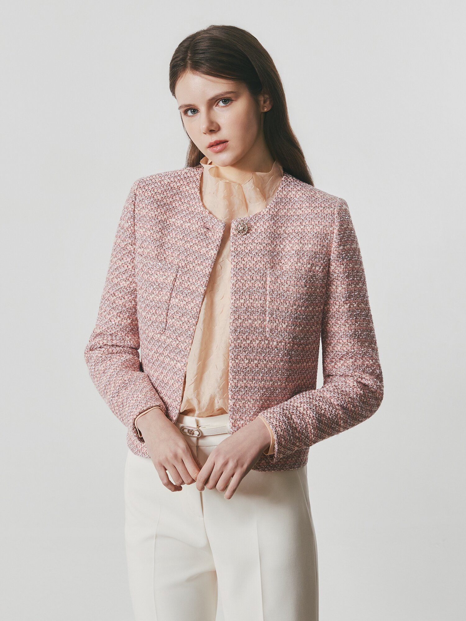 글리터 트위드 원버튼 크롭 재킷 (LIGHT PINK)