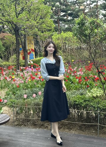 셔츠 배색 뷔스티에 플레어 원피스 