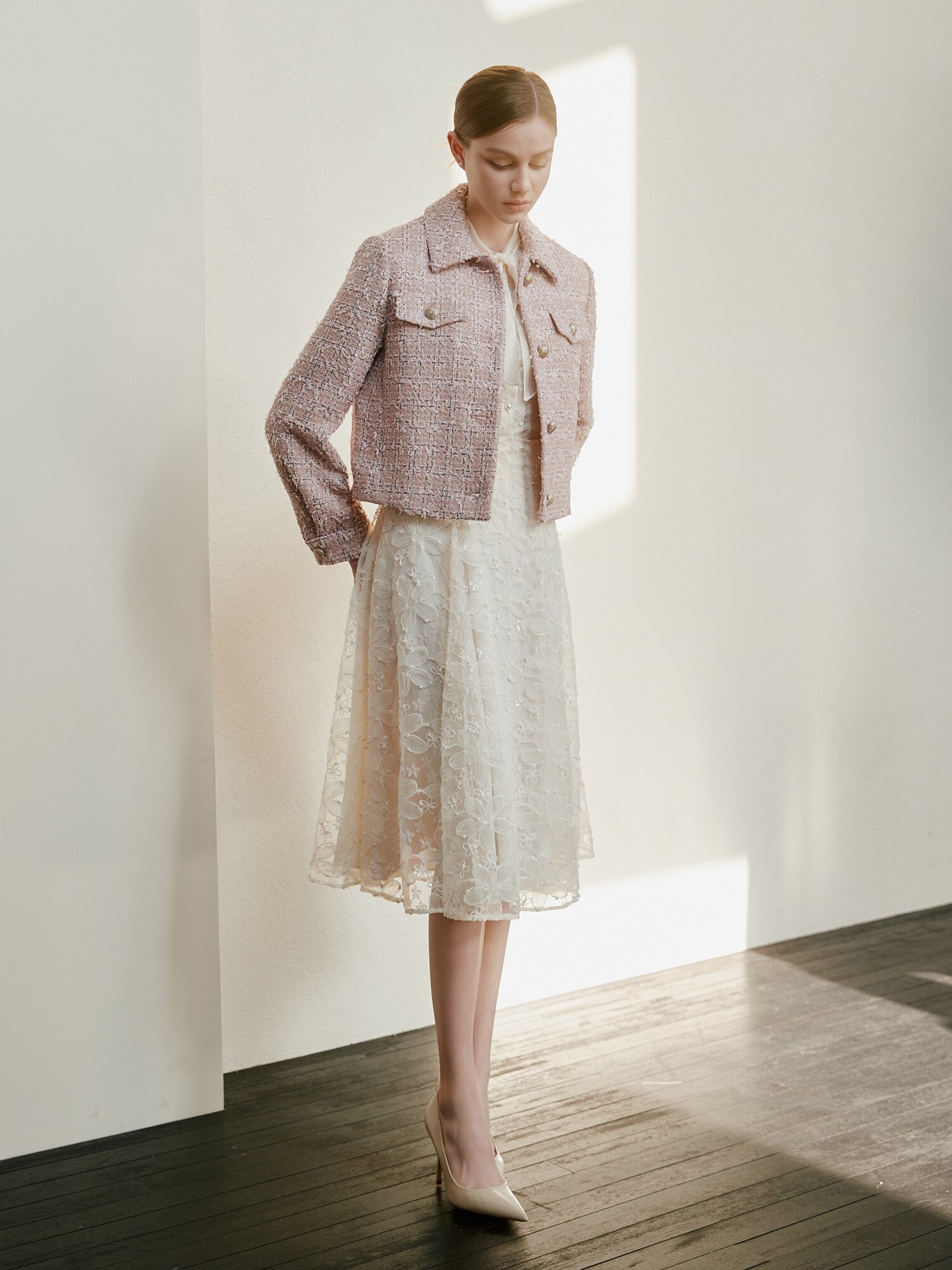 플라워 자수 플레어 스커트 (CREAM)