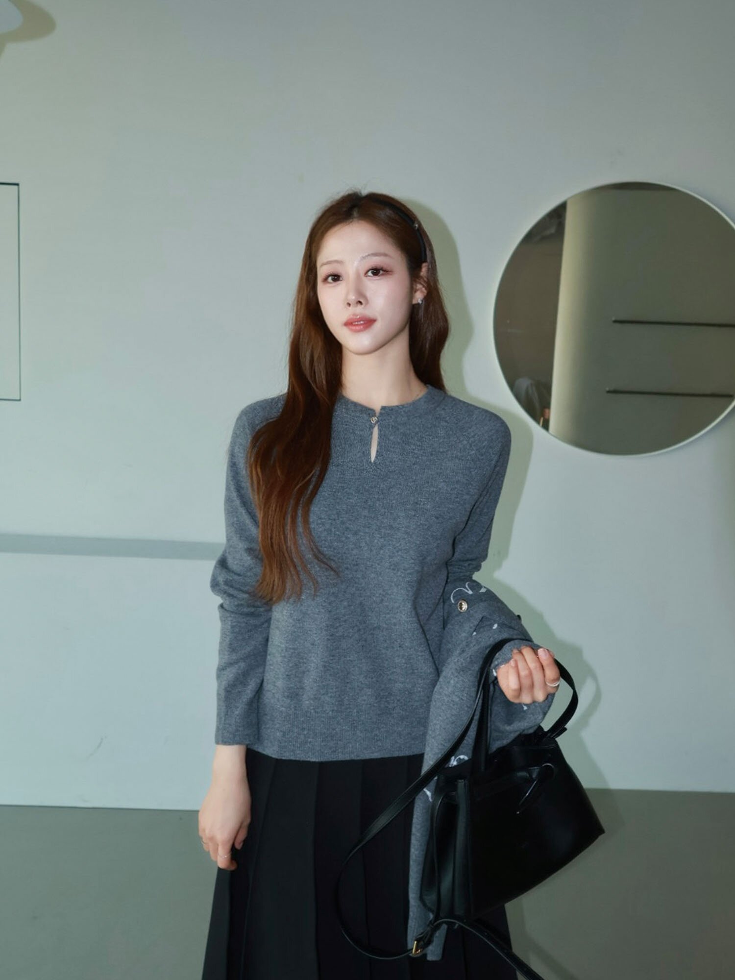 울 래글런 슬릿넥 풀오버 니트 (MELANGE GREY)