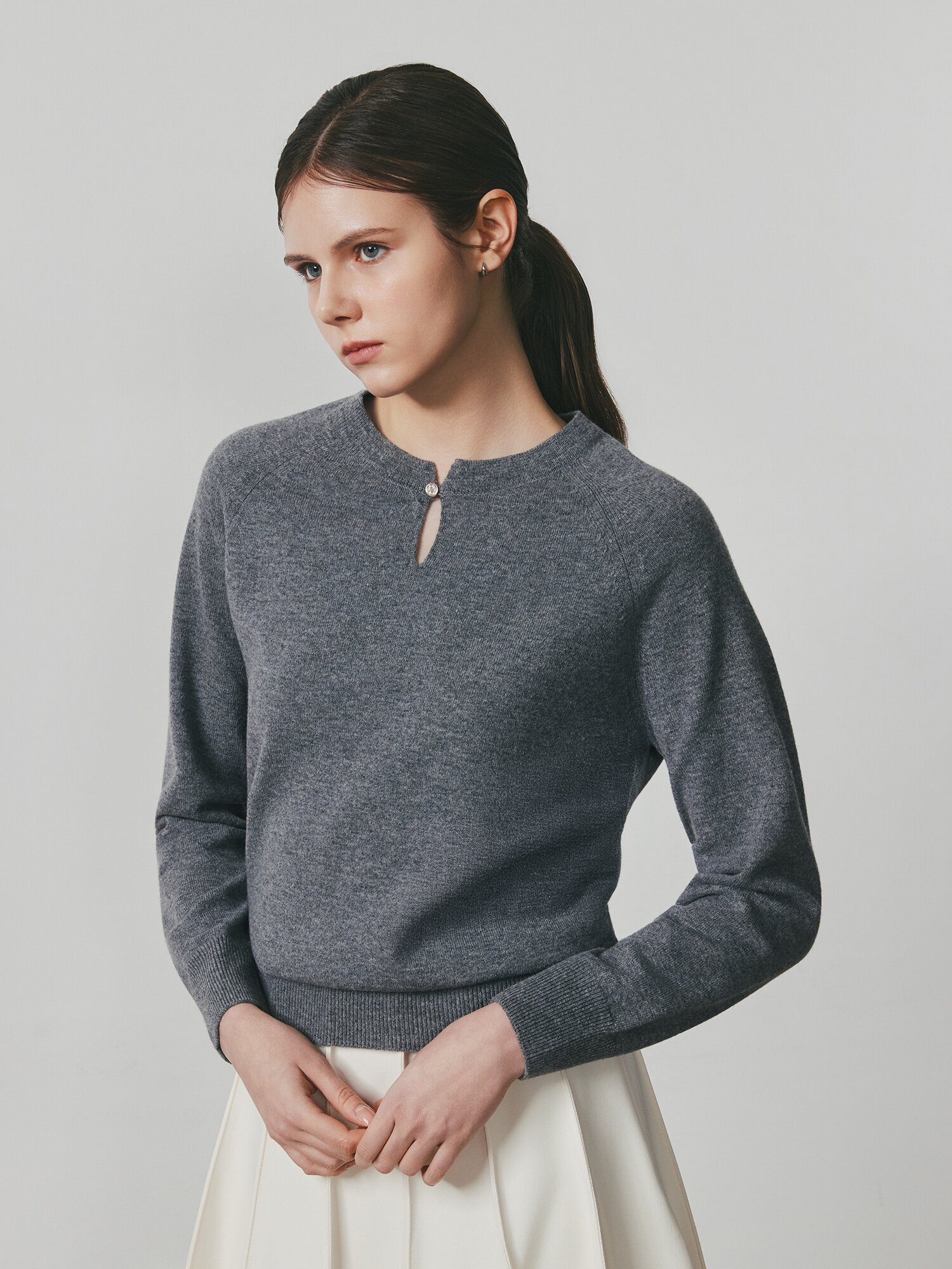 울 래글런 슬릿넥 풀오버 니트 (MELANGE GREY)