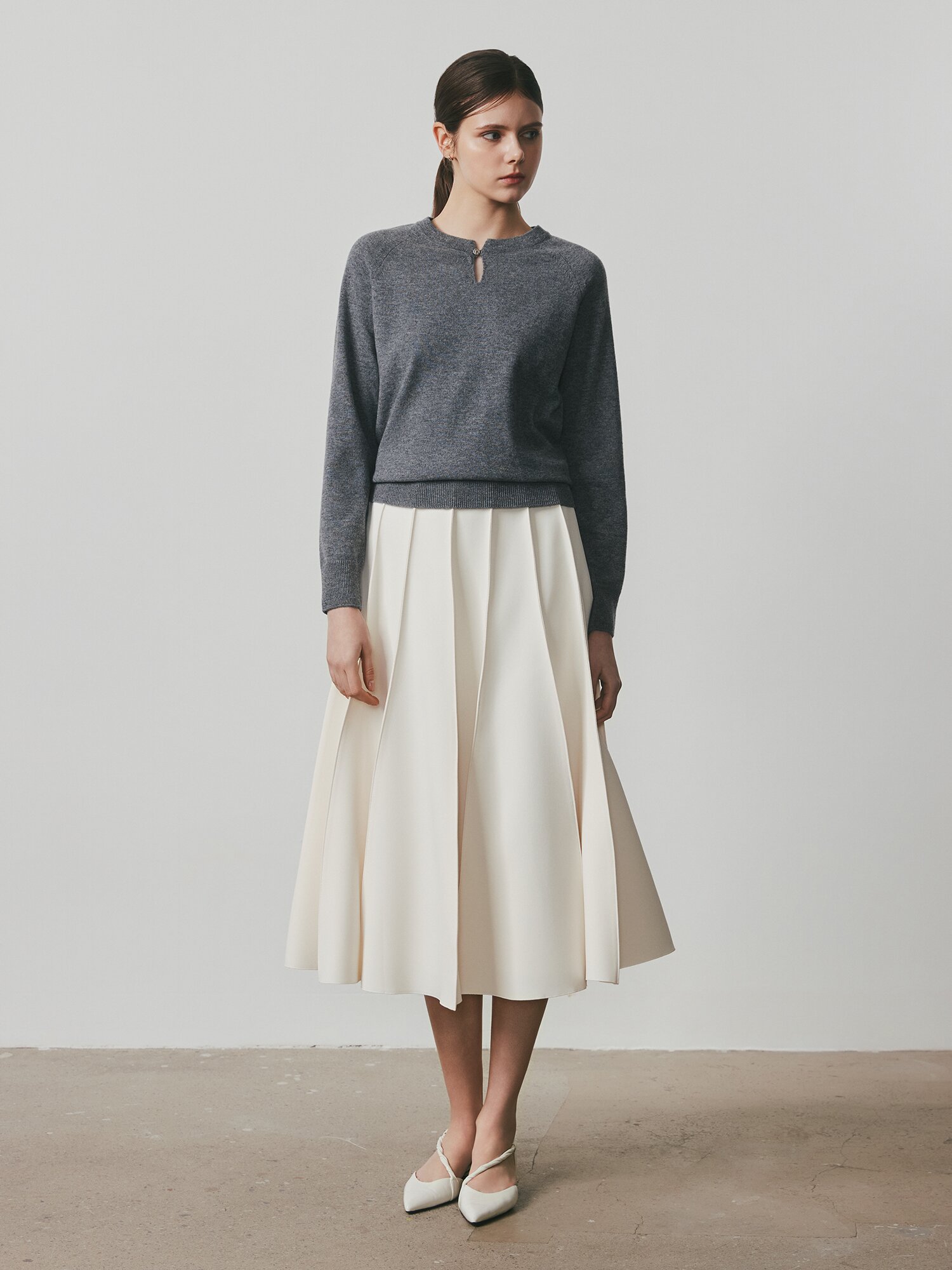 울 래글런 슬릿넥 풀오버 니트 (MELANGE GREY)