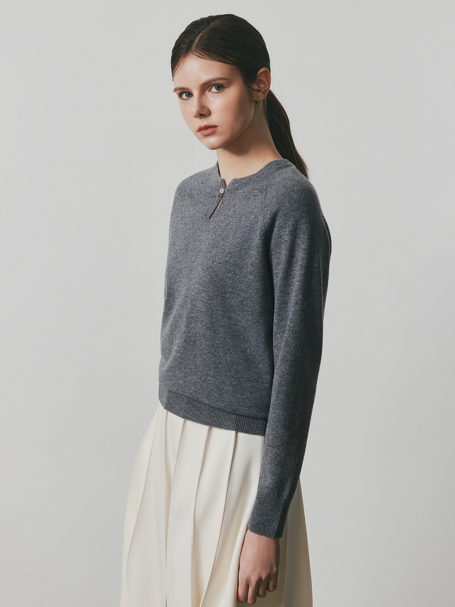 울 래글런 슬릿넥 풀오버 니트 (MELANGE GREY)