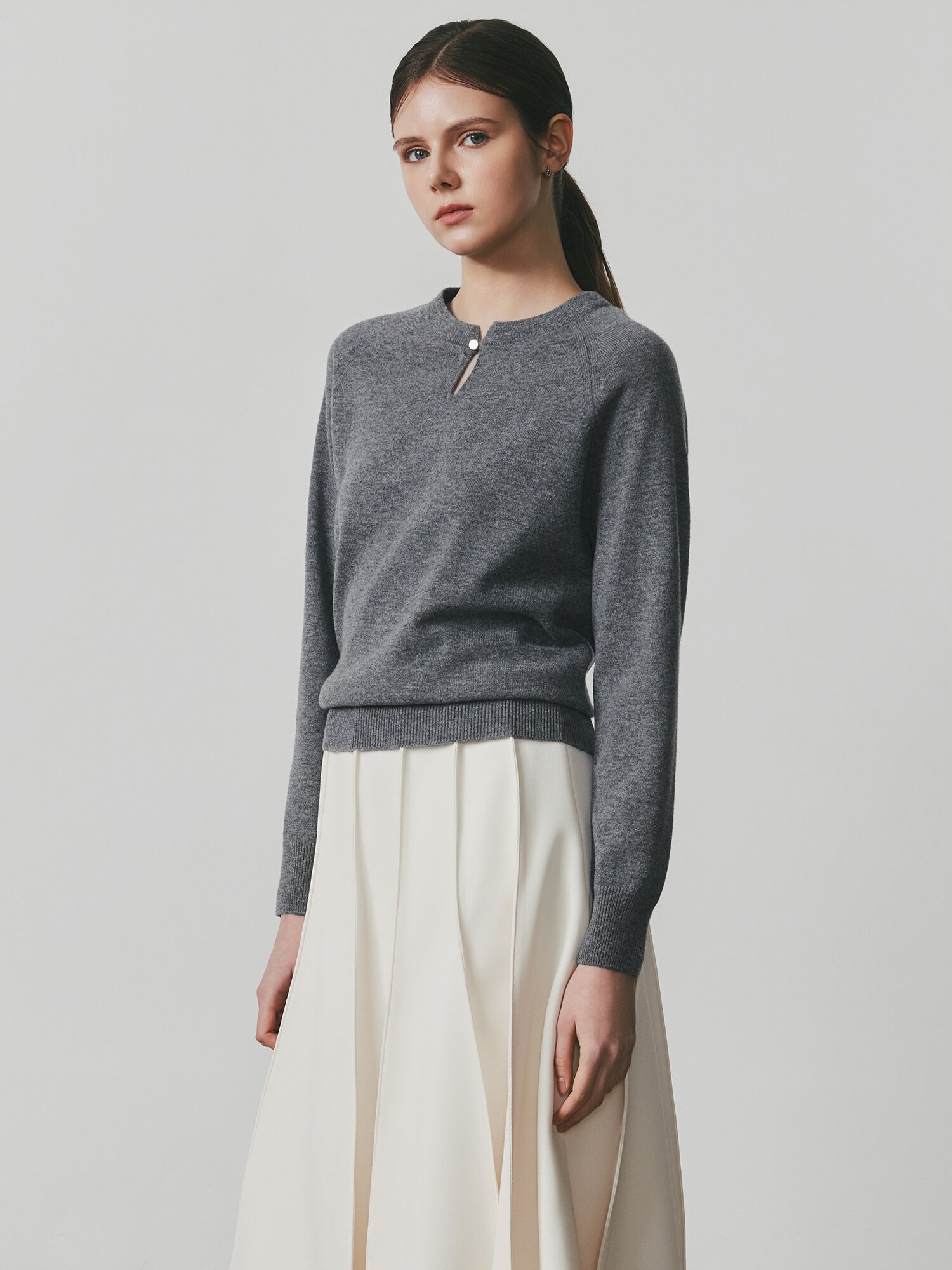 울 래글런 슬릿넥 풀오버 니트 (MELANGE GREY)