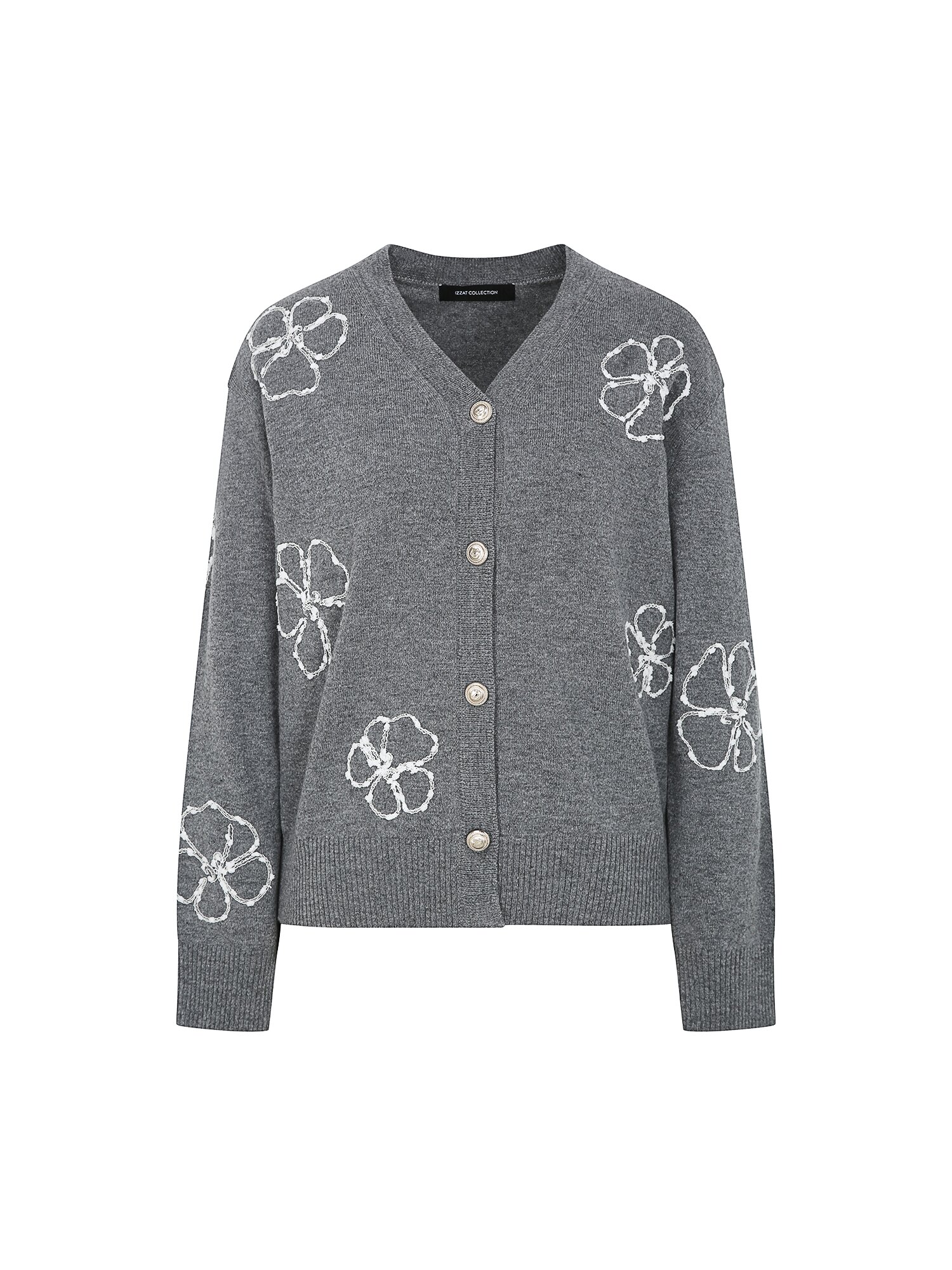 울 플라워 자수 브이넥 가디건 (MELANGE GREY)