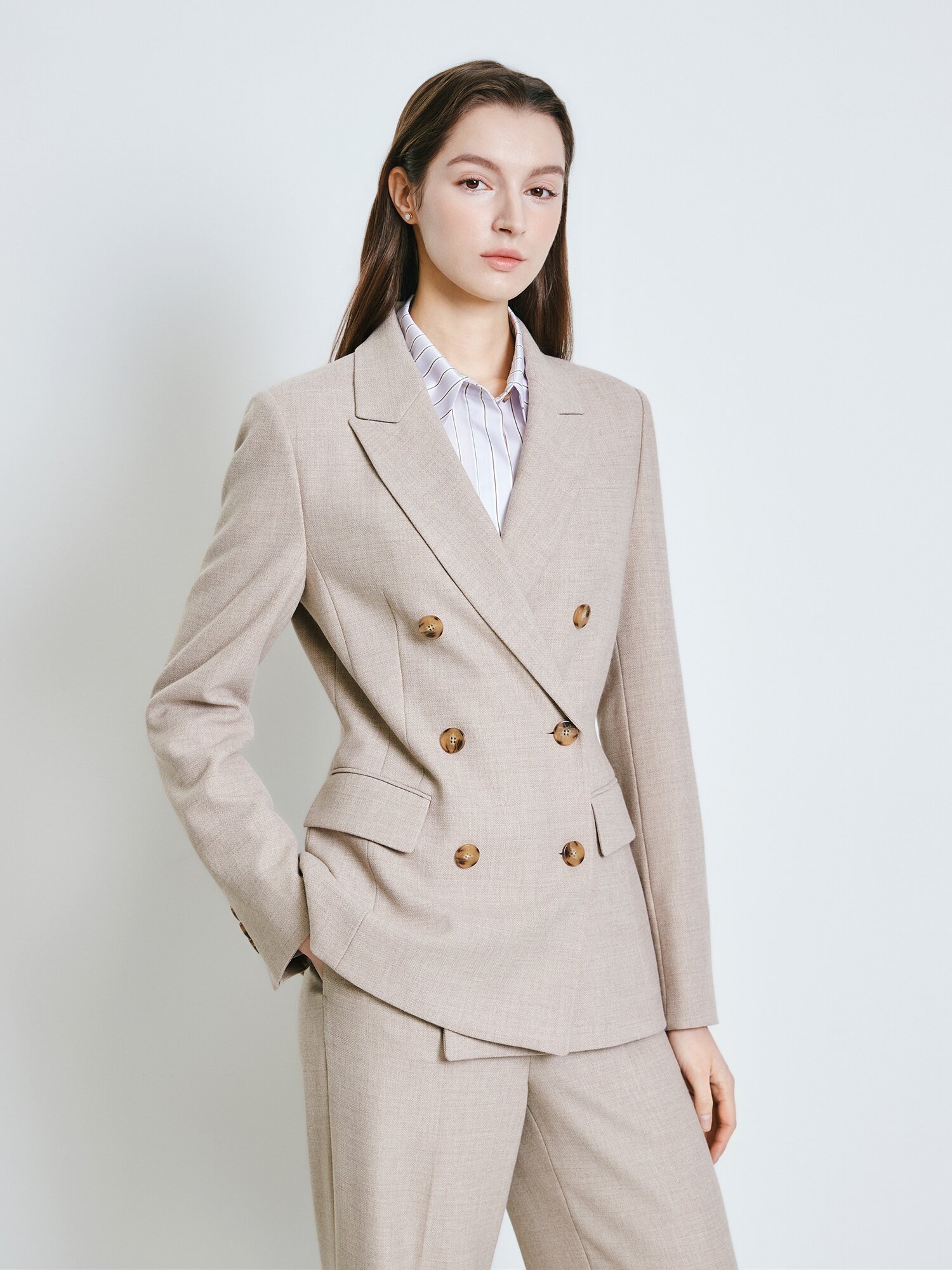 울 피크드 라펠 더블 재킷 (MELANGE BEIGE)