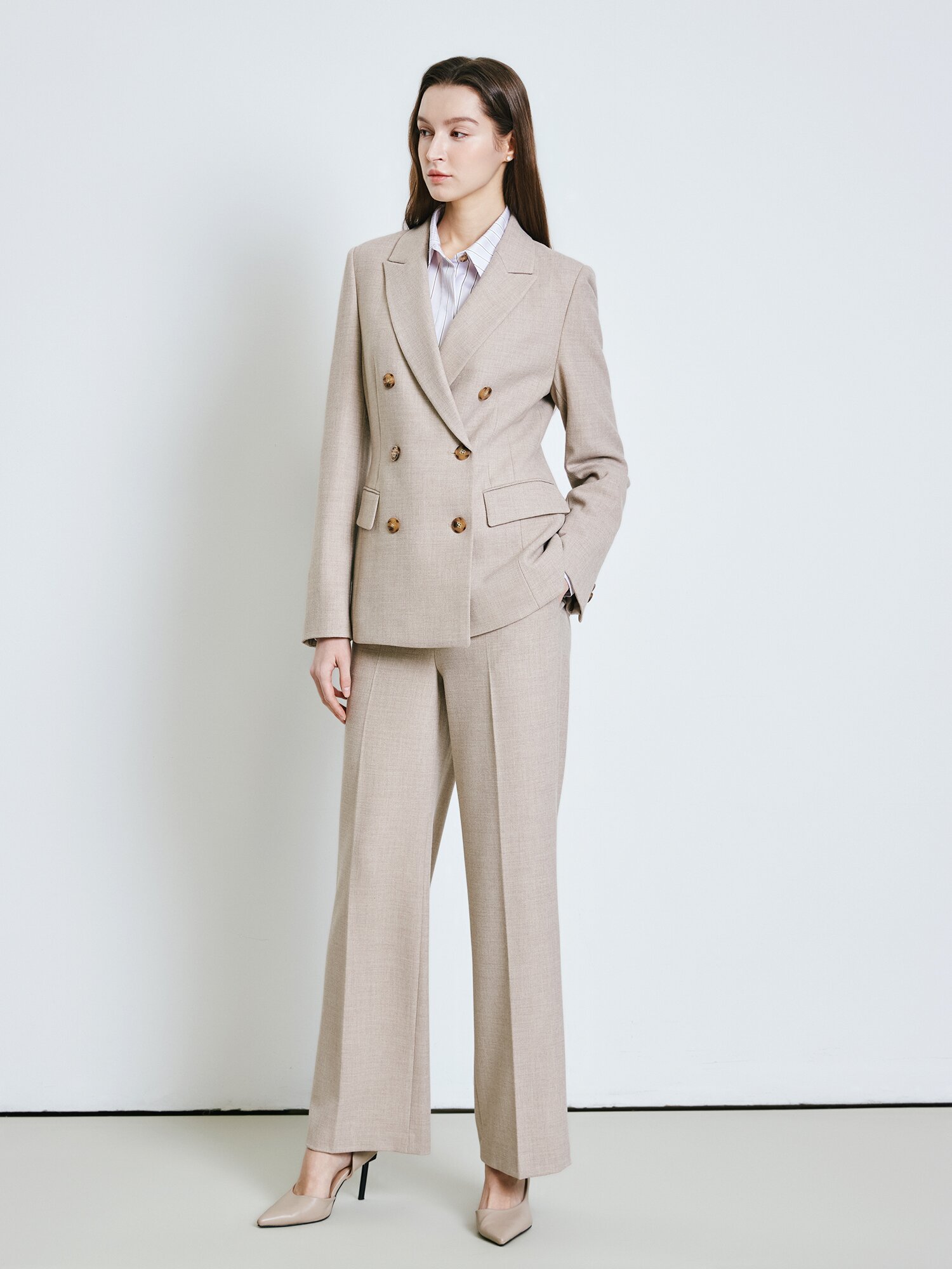 울 피크드 라펠 더블 재킷 (MELANGE BEIGE)