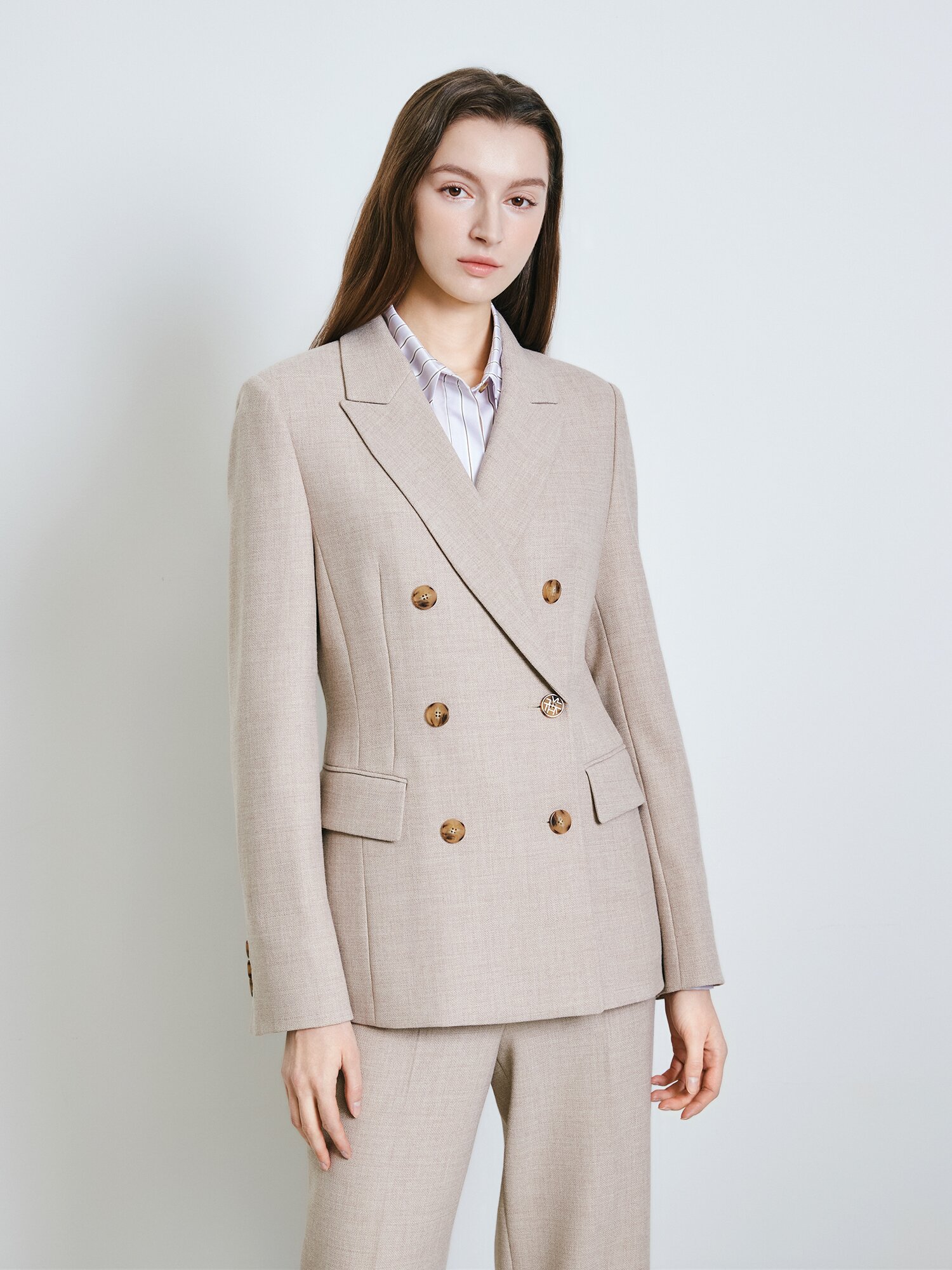 울 피크드 라펠 더블 재킷 (MELANGE BEIGE)