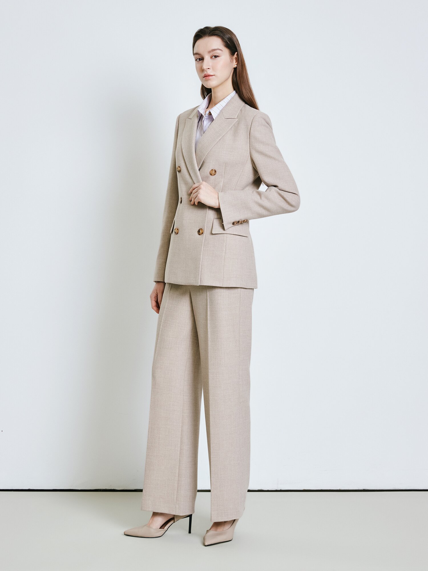 울 피크드 라펠 더블 재킷 (MELANGE BEIGE)