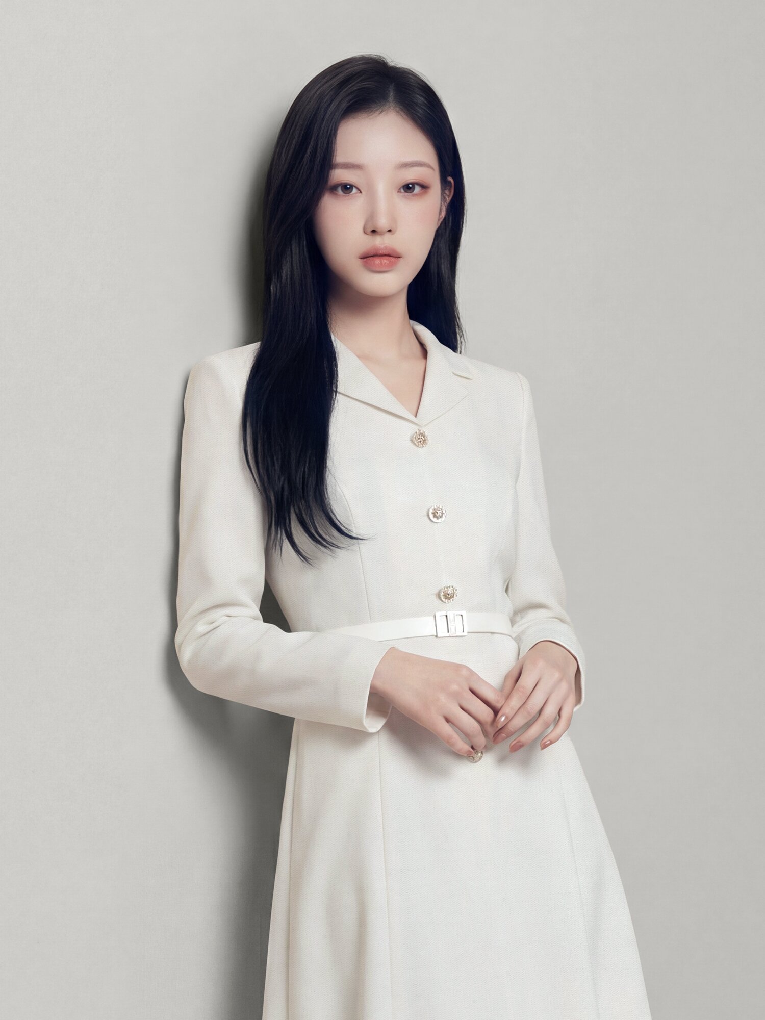 버튼 장식 오픈 칼라 플레어 원피스 (IVORY)