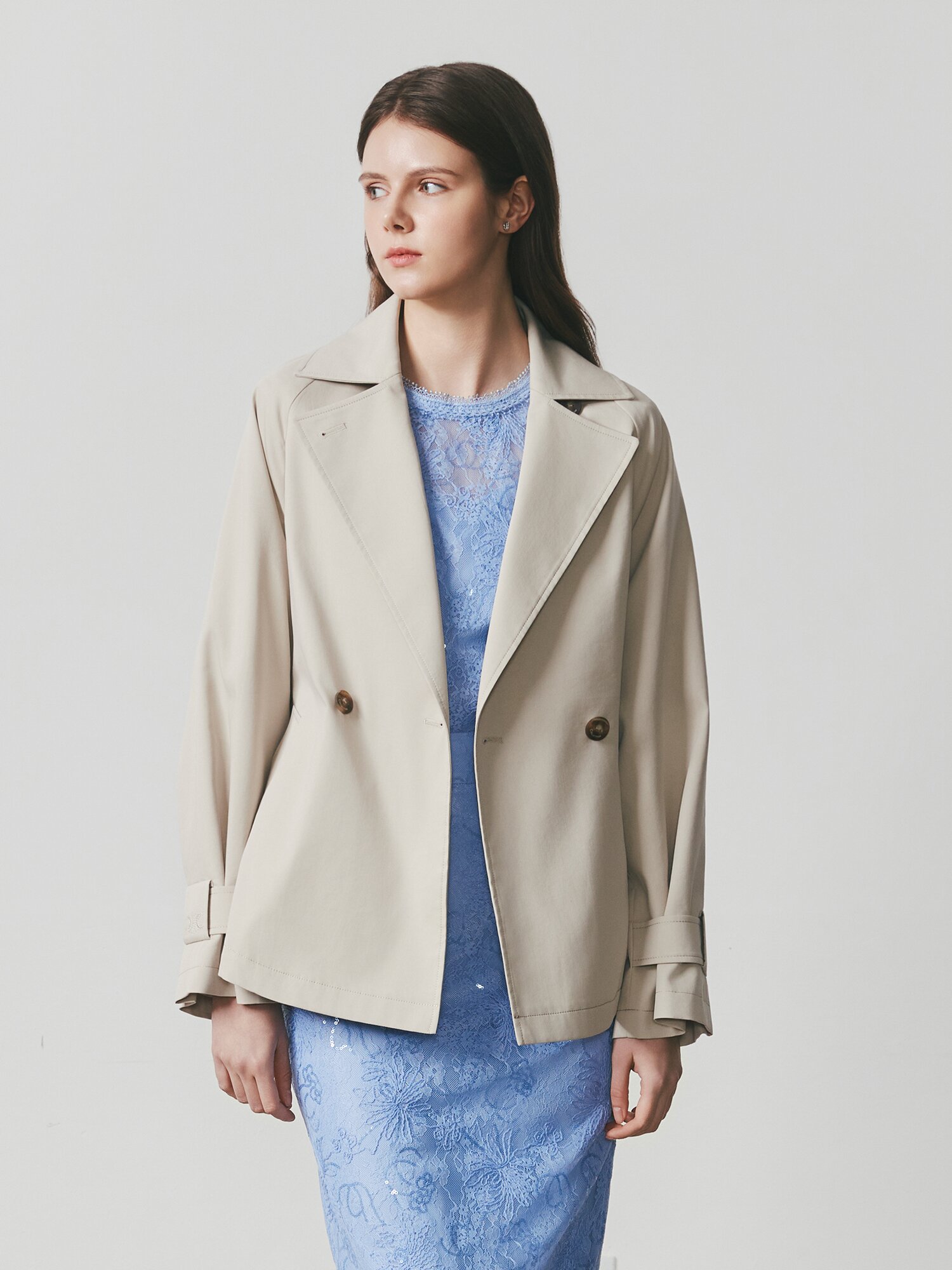 코튼 더블 숏 트렌치 코트 (LIGHT BEIGE)