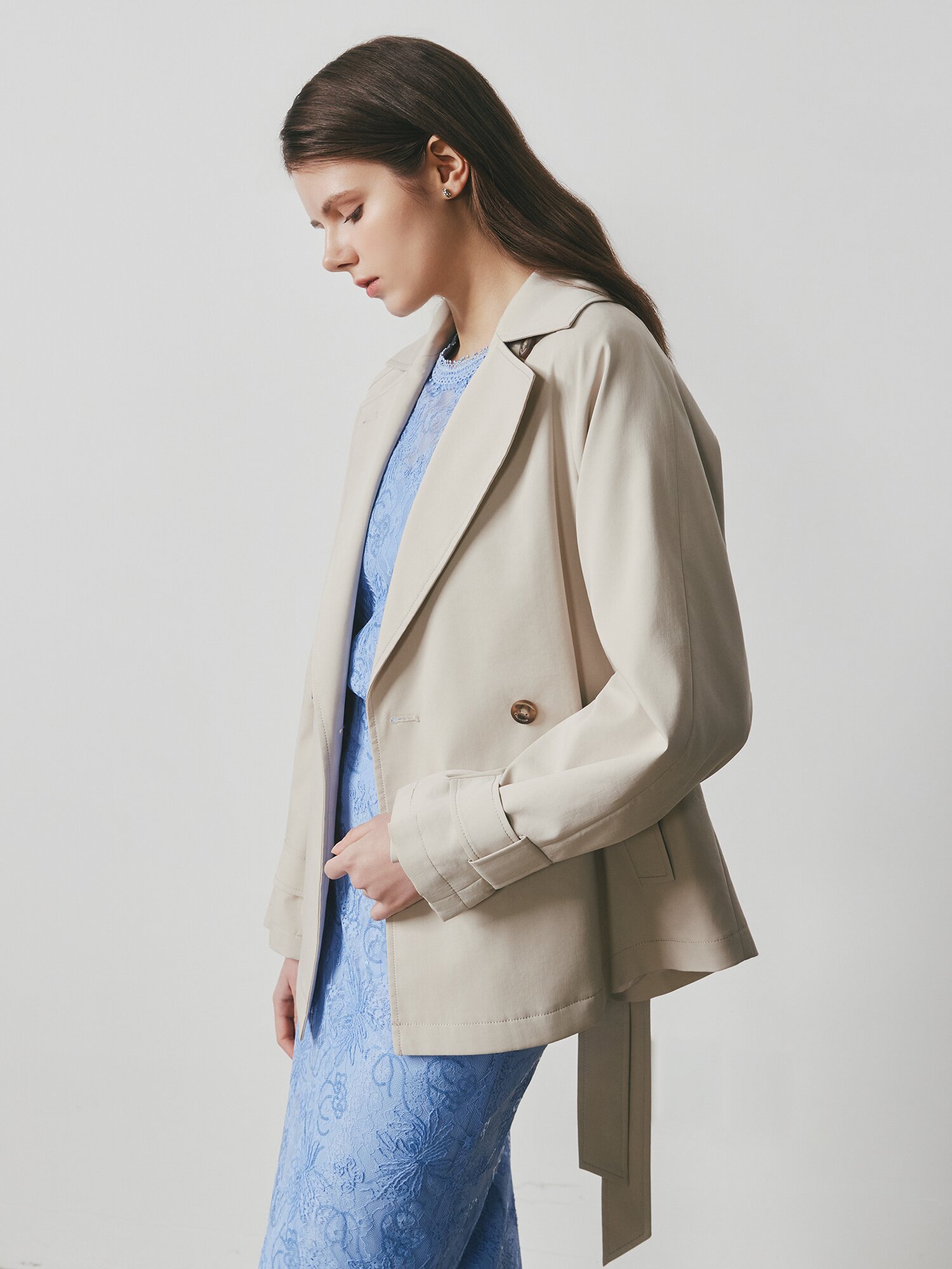 코튼 더블 숏 트렌치 코트 (LIGHT BEIGE)