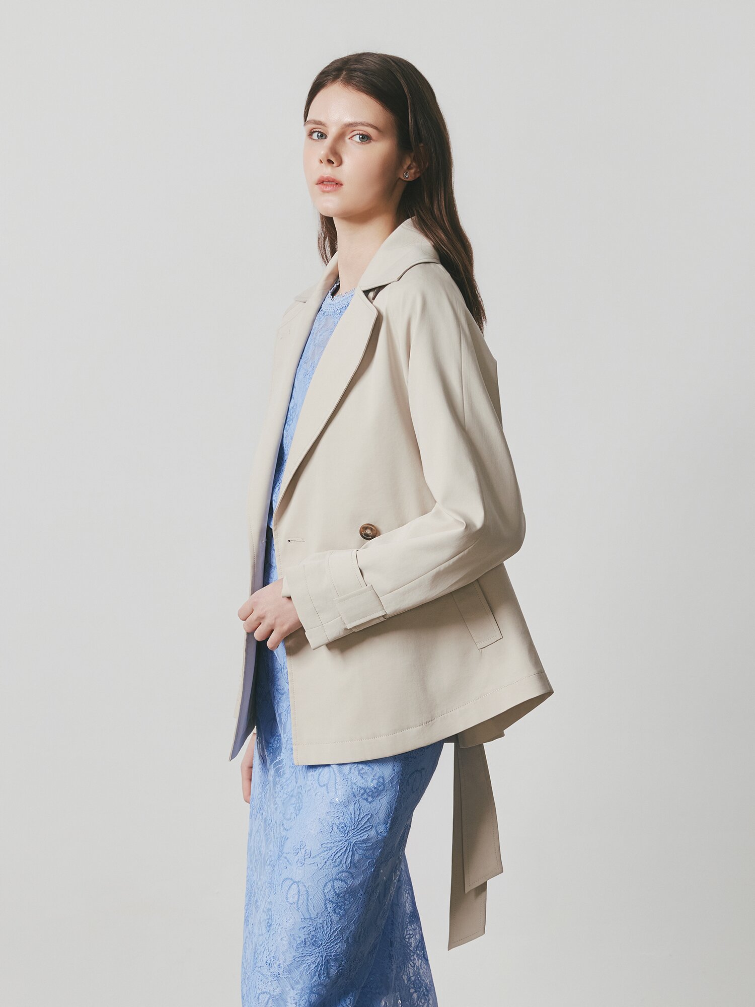 코튼 더블 숏 트렌치 코트 (LIGHT BEIGE)