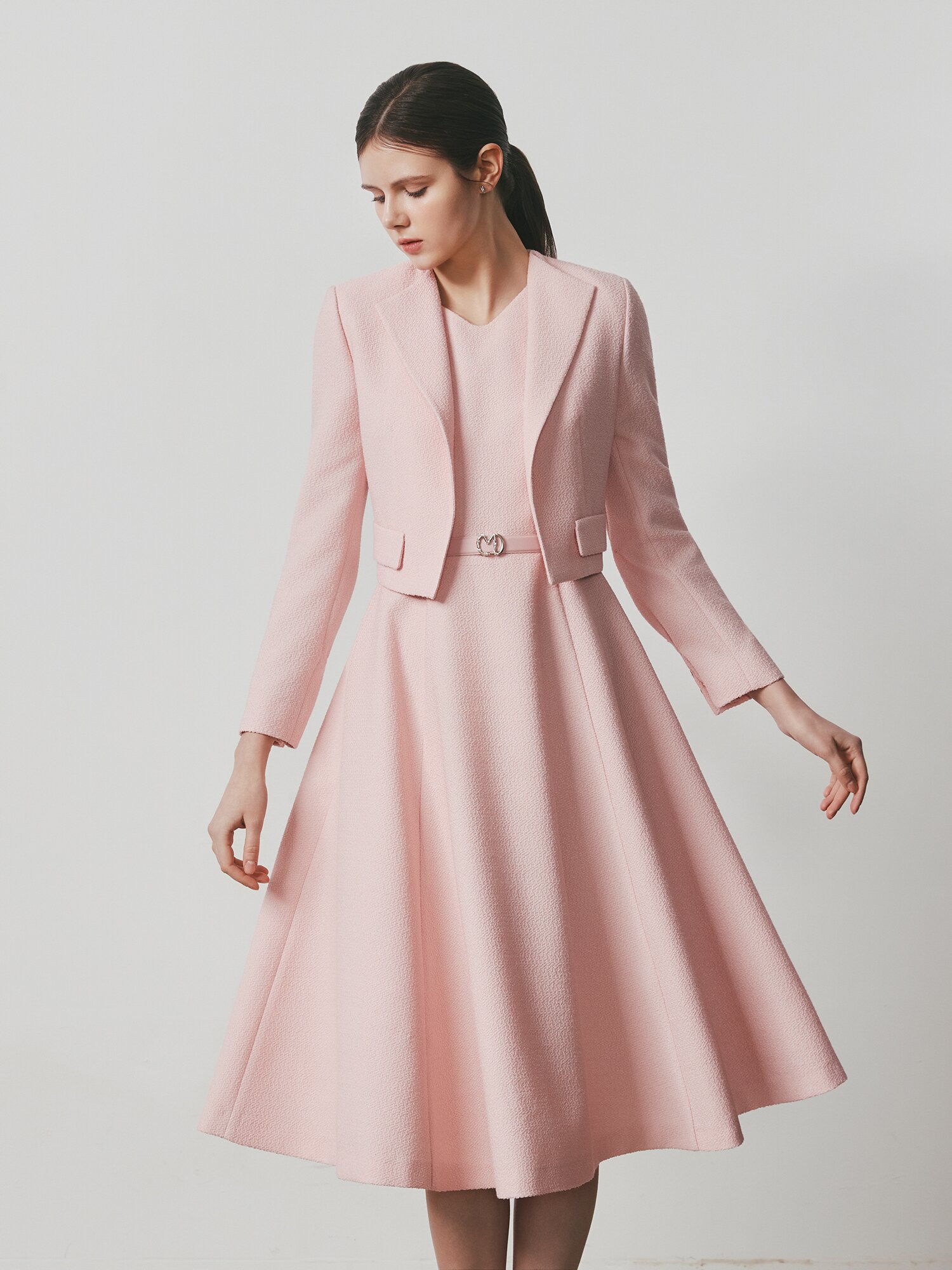 트위드 플레어 원피스 +재킷 세트 (PINK)