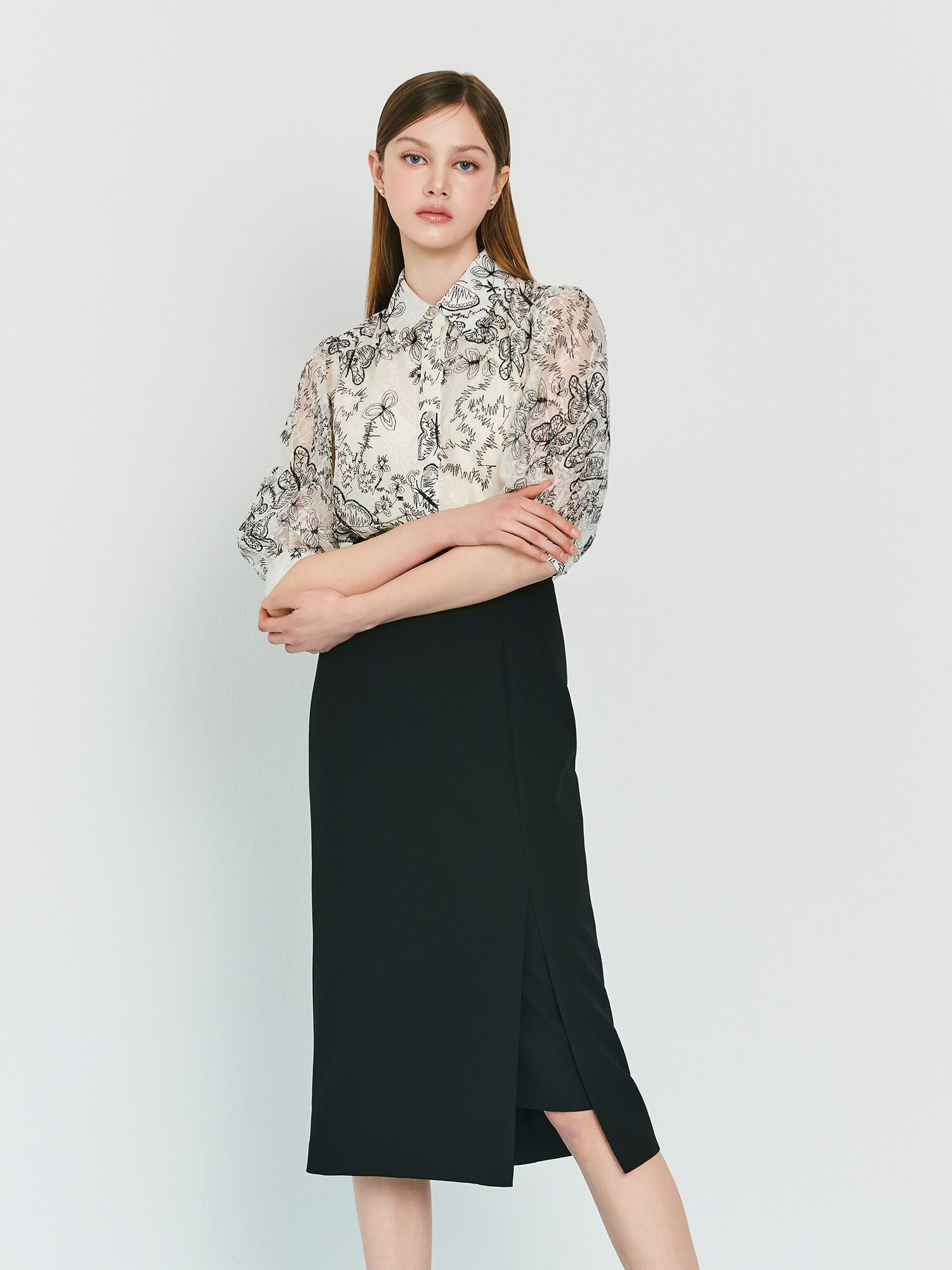 메탈 장식 슬릿 H라인 스커트 (BLACK)
