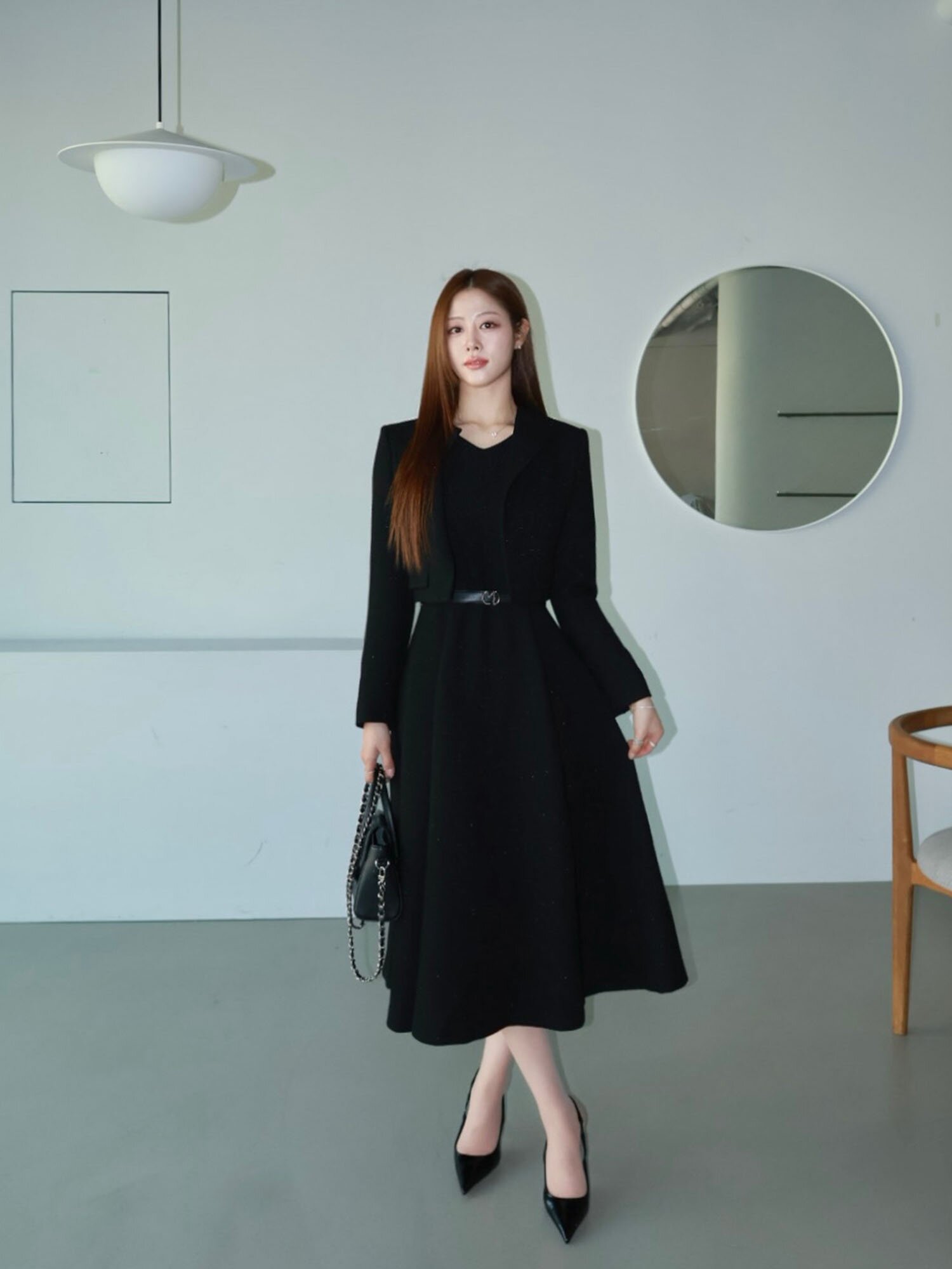 트위드 플레어 원피스 +재킷 세트 (BLACK)