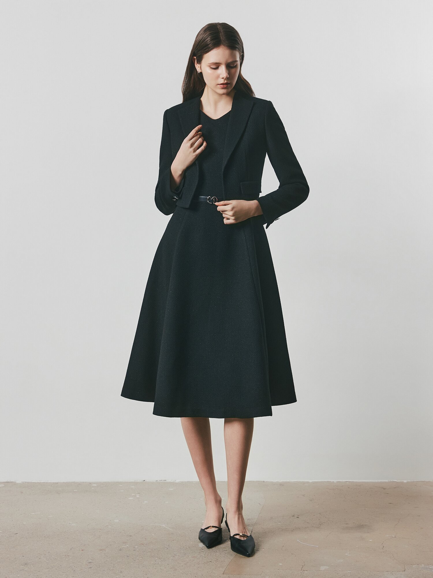 트위드 플레어 원피스 +재킷 세트 (BLACK)