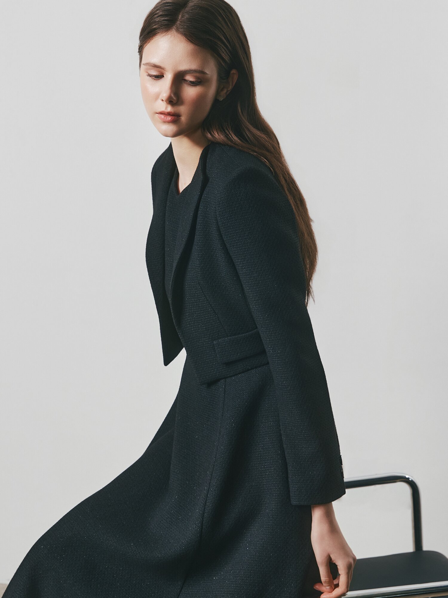 트위드 플레어 원피스 +재킷 세트 (BLACK)