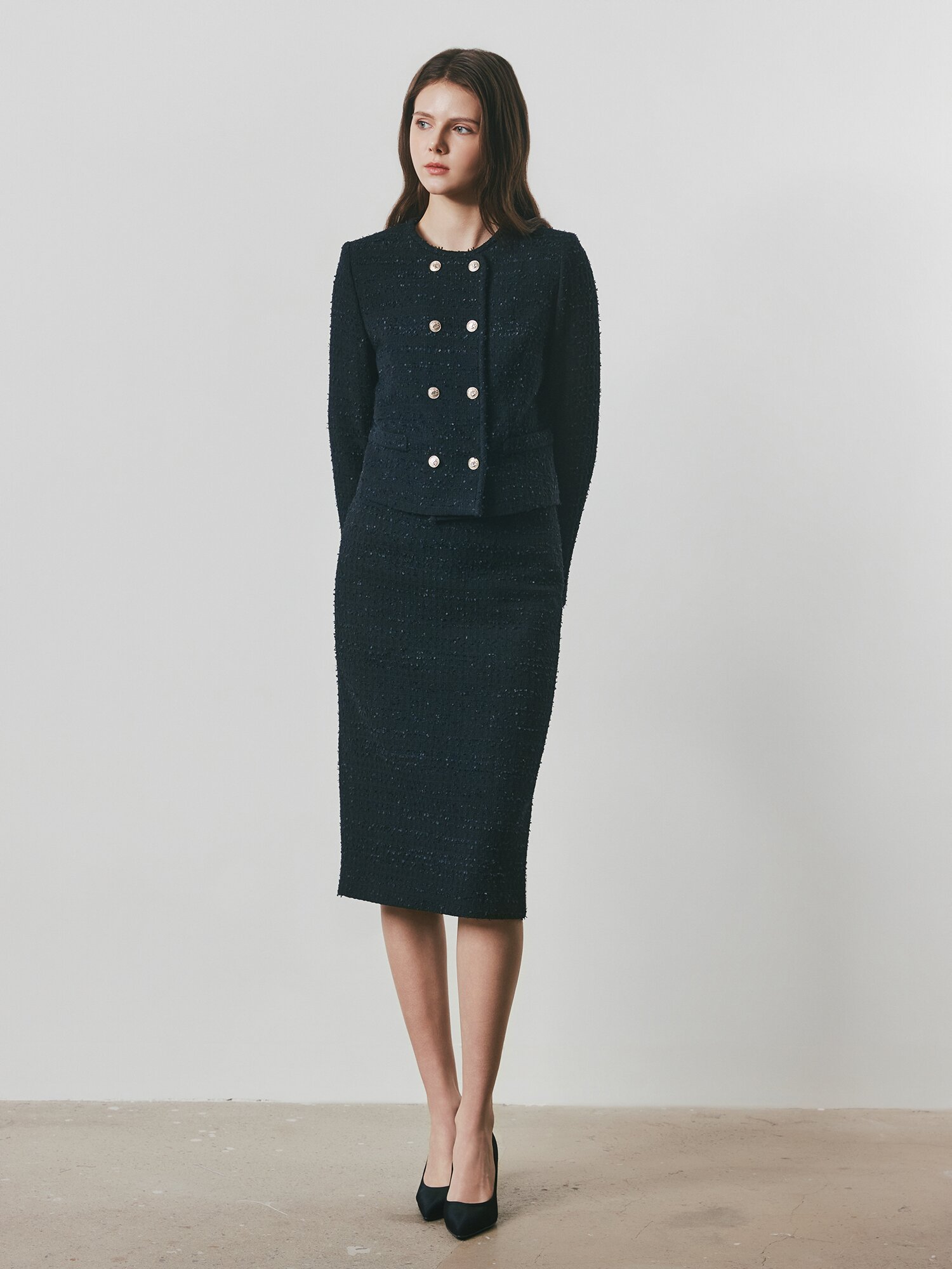 트위드 백 슬릿 H라인 스커트 (BLACK)