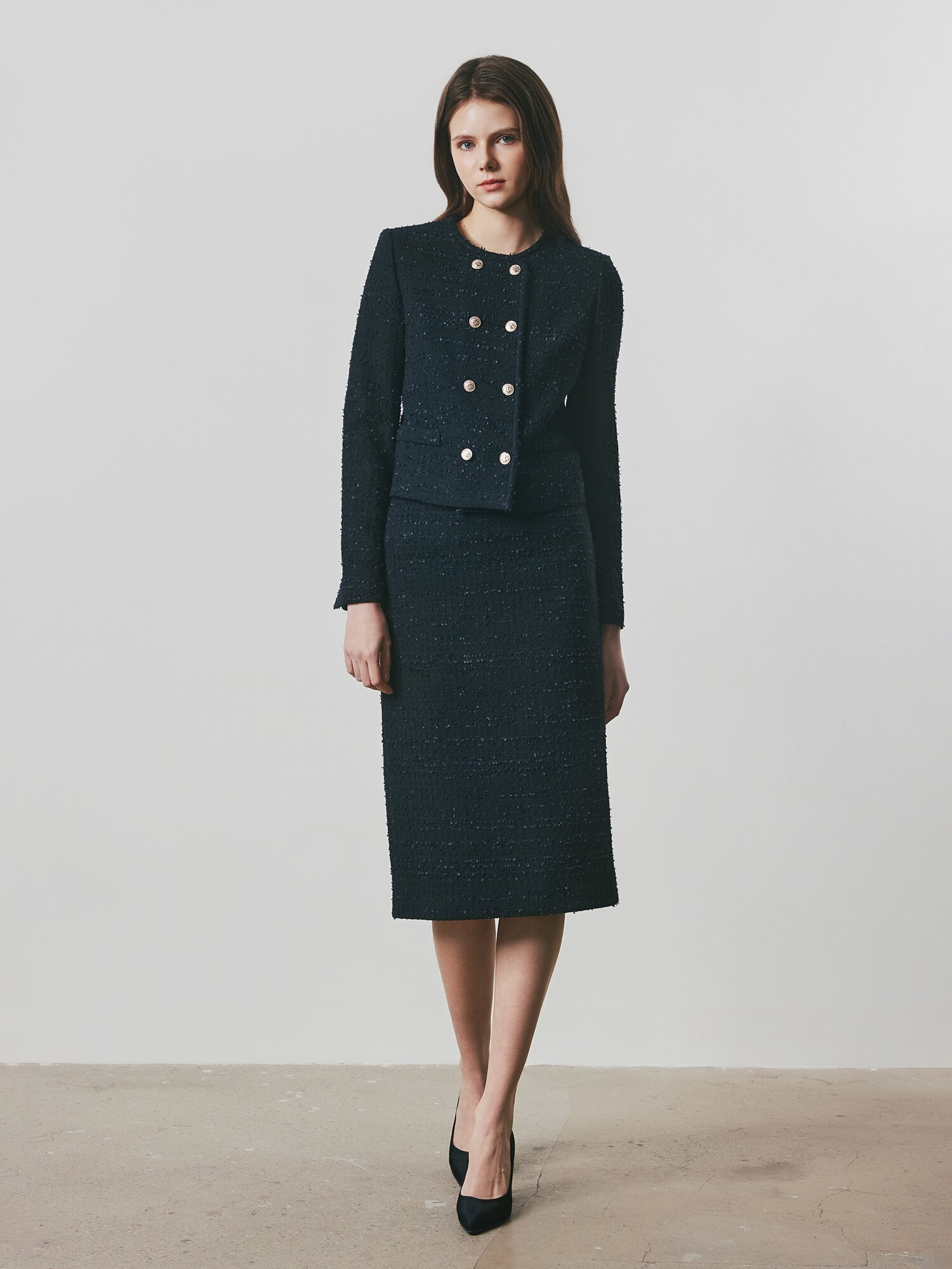 트위드 백 슬릿 H라인 스커트 (BLACK)