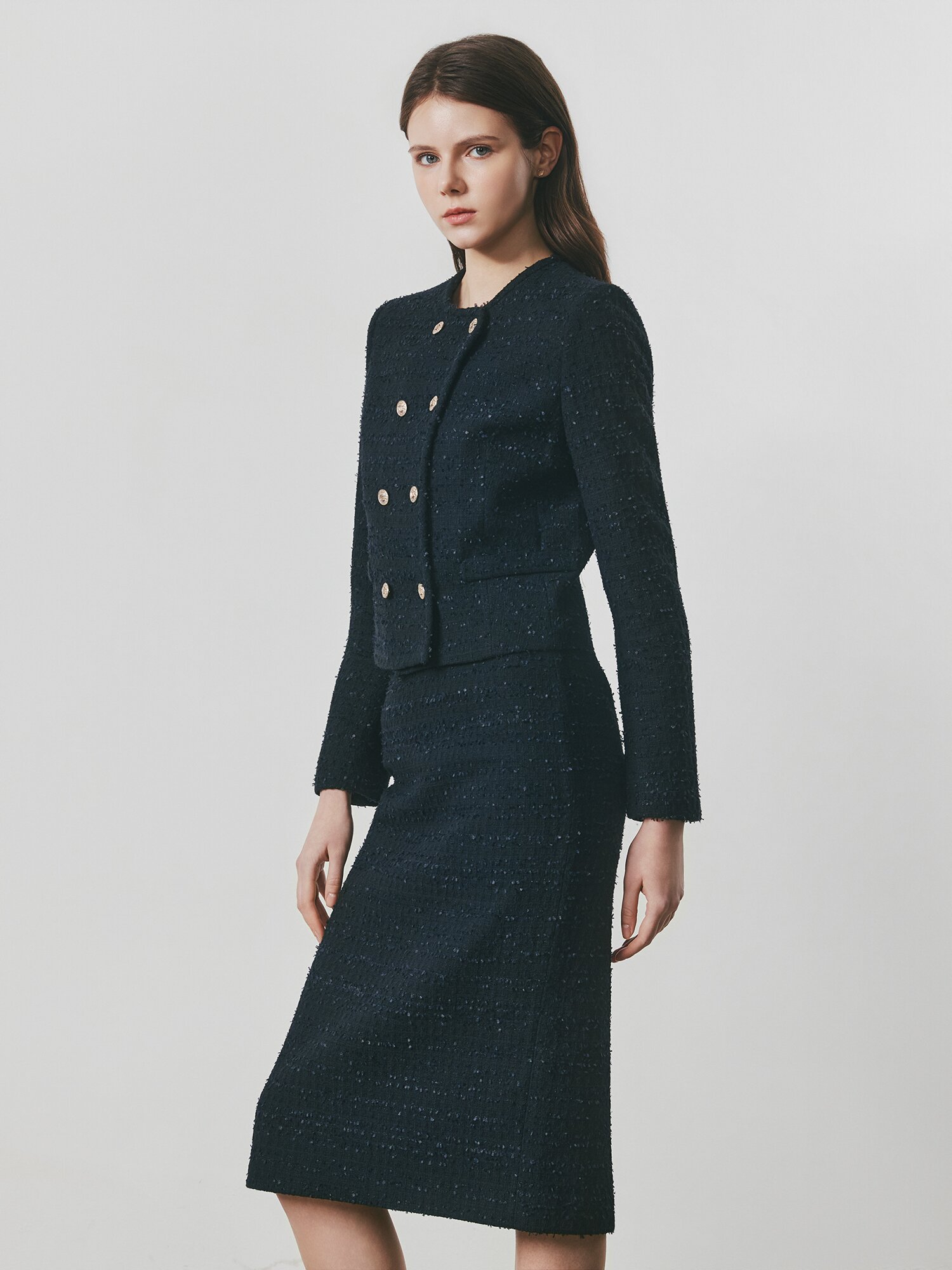 트위드 백 슬릿 H라인 스커트 (BLACK)